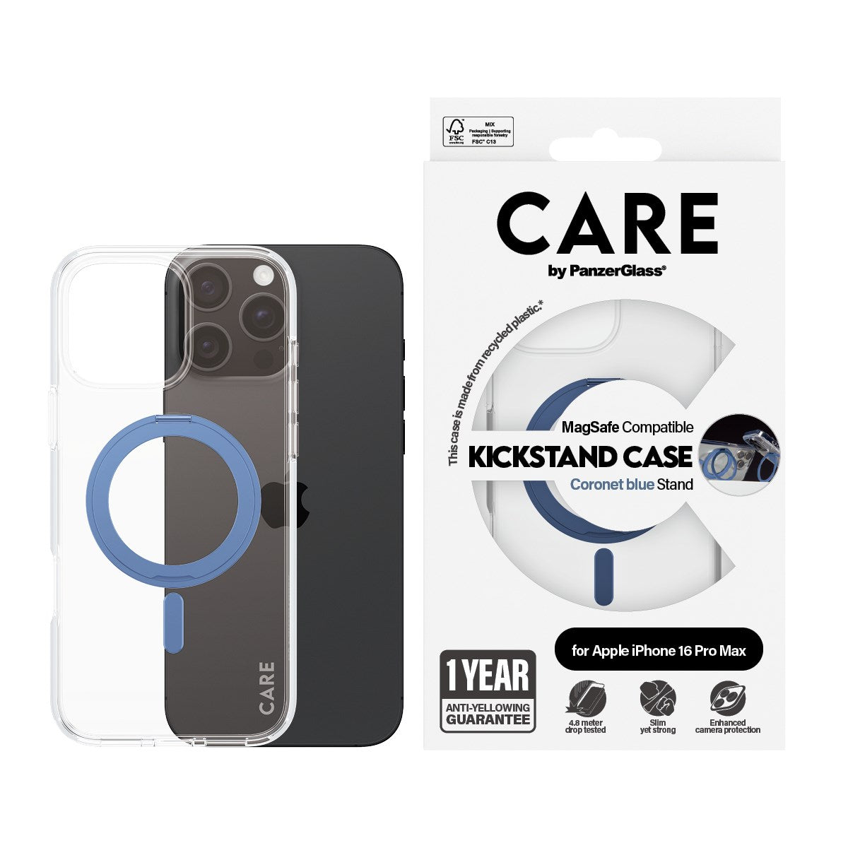 CARE by PanzerGlass® Feature Case Transparent w. Blue Kickstand & MagSafe iPhone 16 Pro Max
