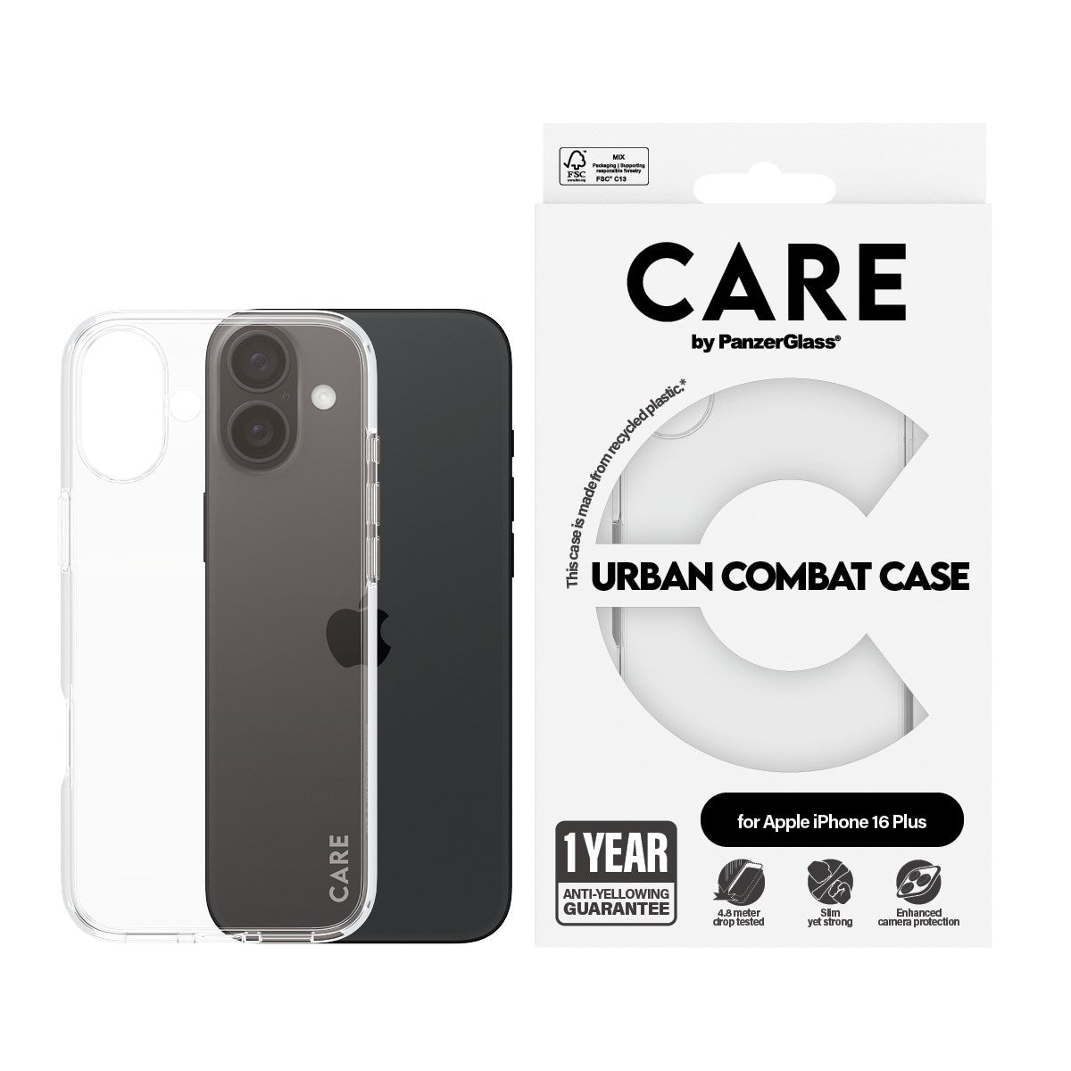 CARE by PanzerGlass® Flagship Case Transparent Urban Combat w. Clear Frame iPhone 16 Plus