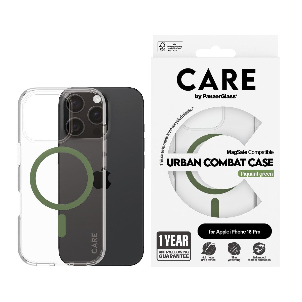 CARE by PanzerGlass® Flagship Case Transparent Urban Combat w. Green MagSafe iPhone 16 Pro