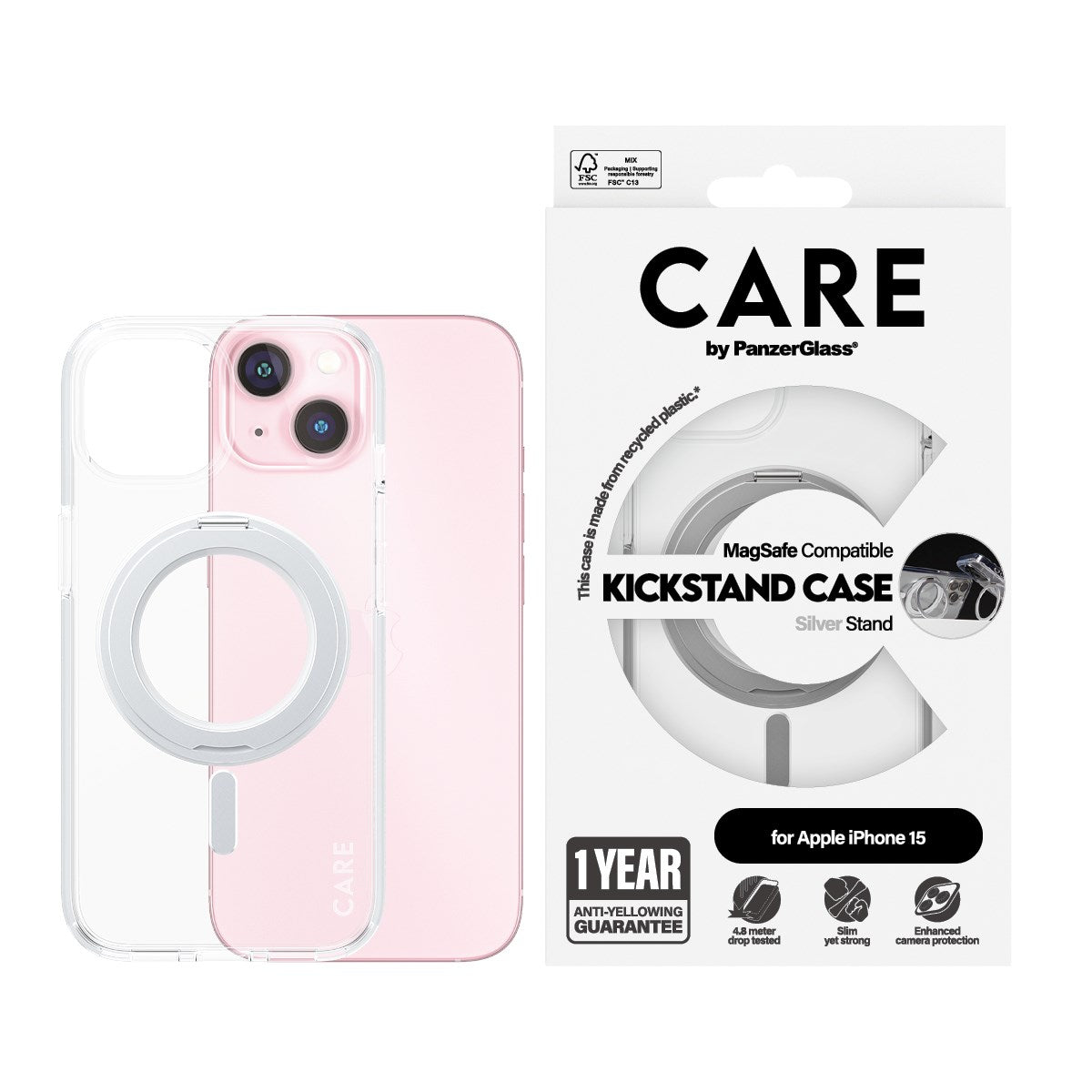 CARE by PanzerGlass® Feature Case Transparent w. Silver Kickstand & MagSafe iPhone 15