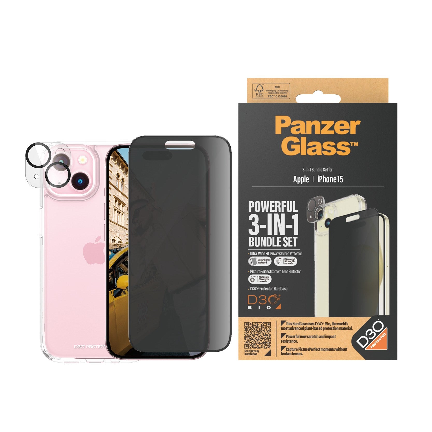 PanzerGlass® Privacy 3-in-1 Pack iPhone 15