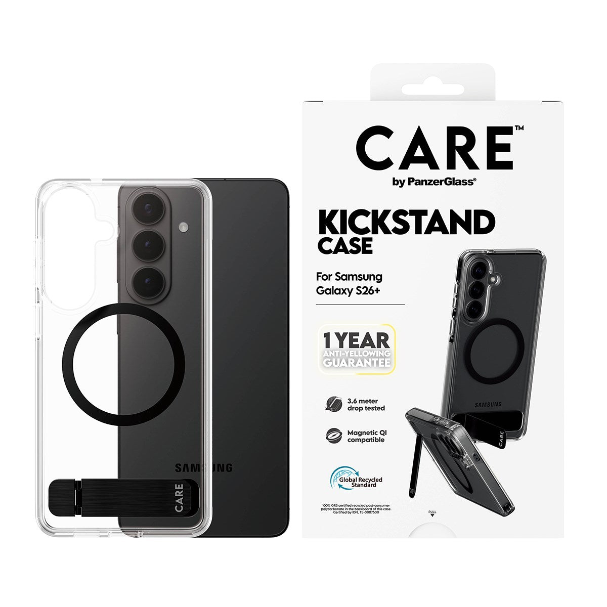 CARE™ by PanzerGlass® Case Transparent w. Black Kickstand & Qi Samsung Galaxy S26+
