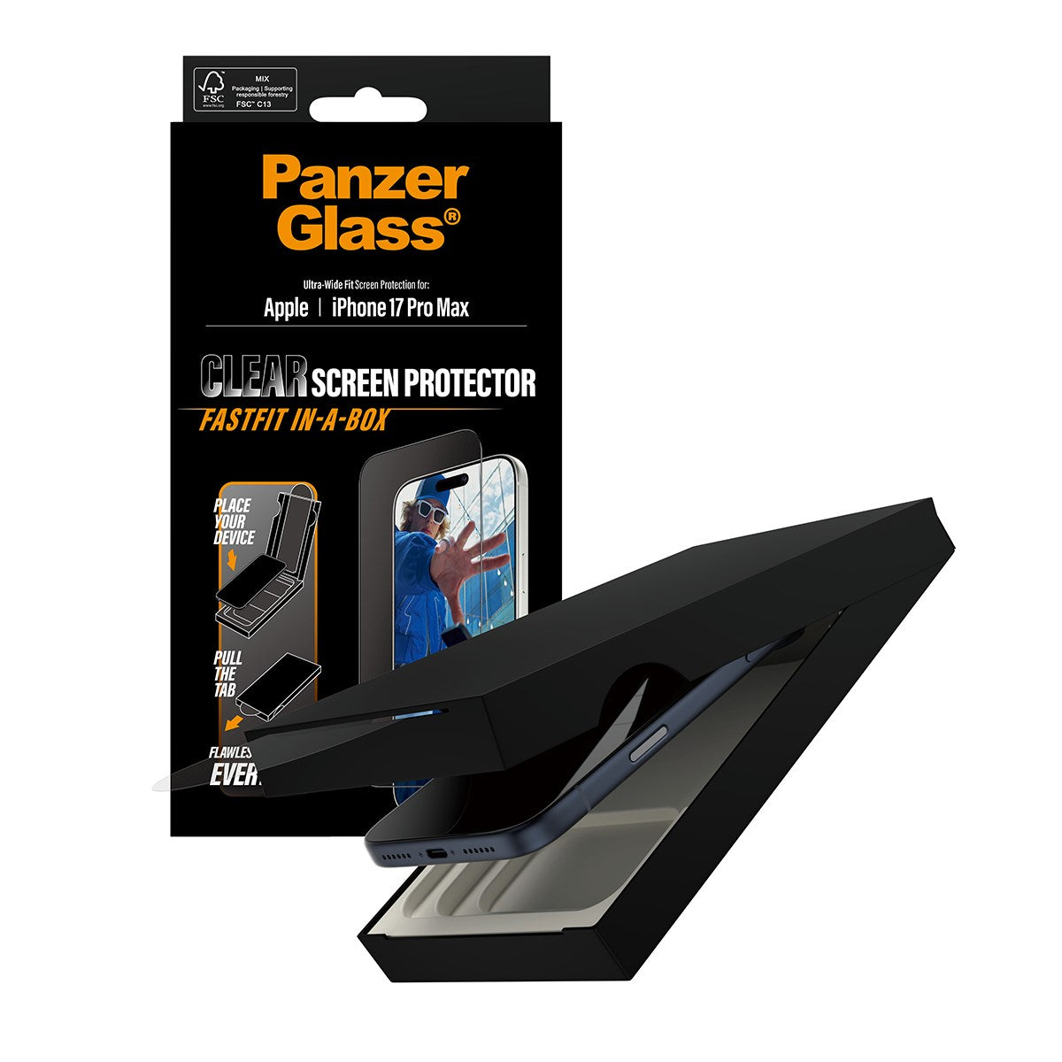 PanzerGlass® Screen Protector w. Black Frame iPhone 17 Pro Max | Ultra-Wide Fit w. FASTFIT IN-A-BOX