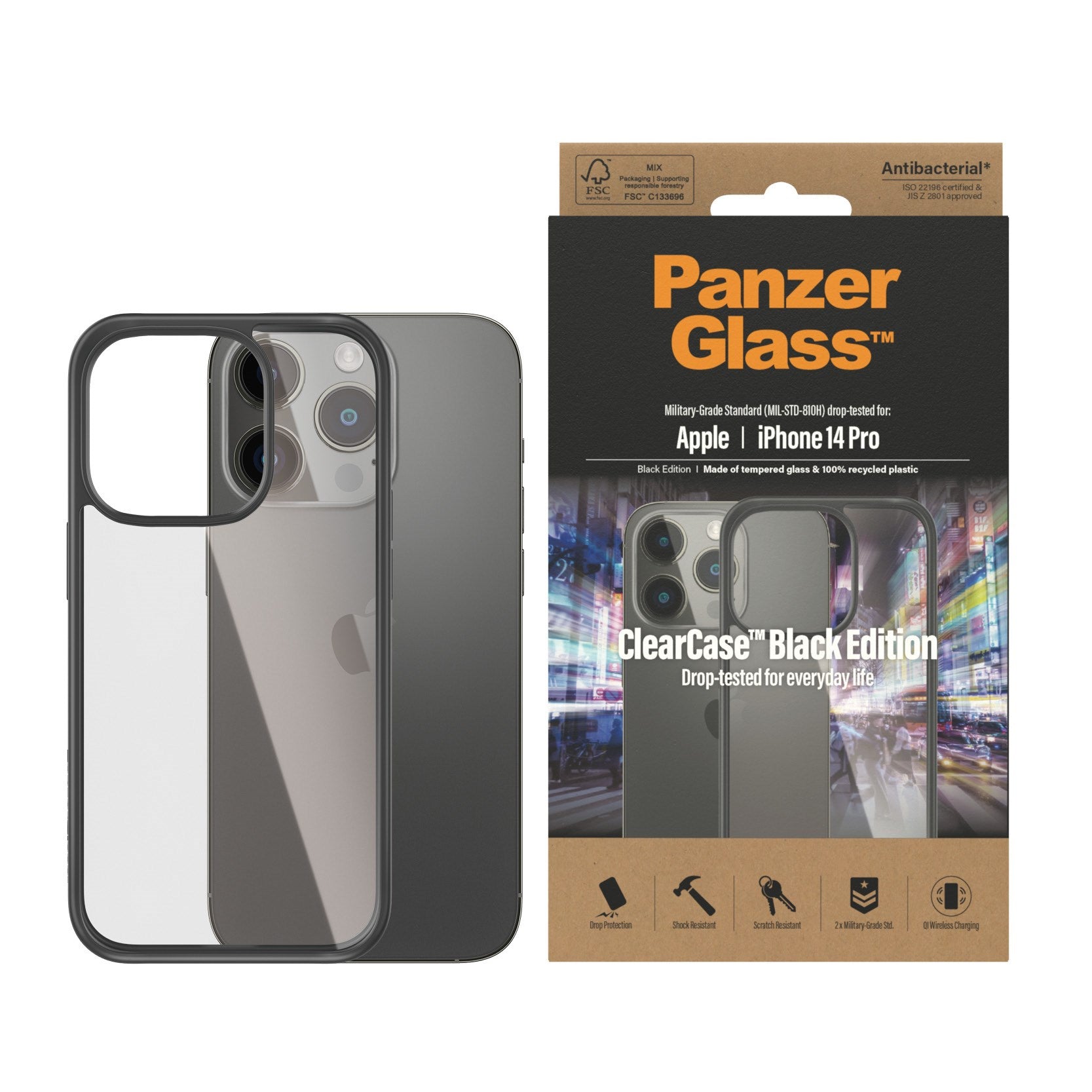 PanzerGlass® ClearCase Transparent w. Black Frame iPhone 14 Pro