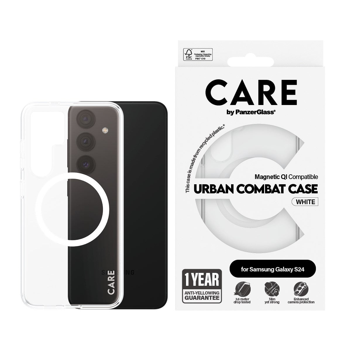 CARE by PanzerGlass® Flagship Case Transparent Urban Combat w. White Qi Compatible Samsung Galaxy S24