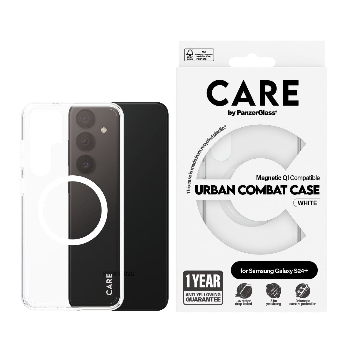 CARE by PanzerGlass® Flagship Case Transparent Urban Combat w. White Qi Compatible Samsung Galaxy S24+