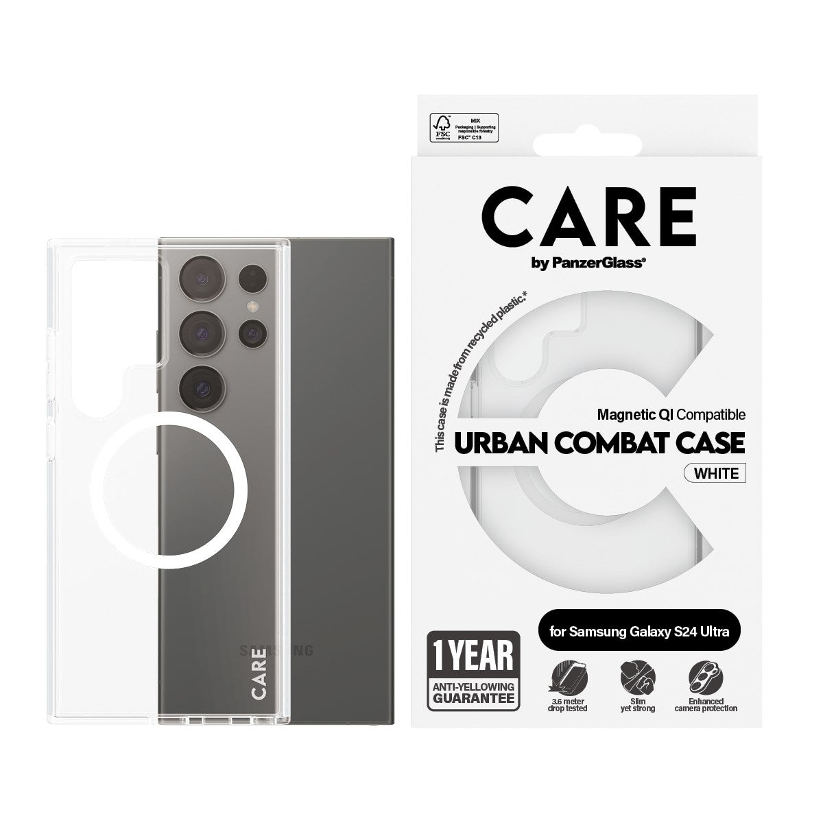 CARE by PanzerGlass® Flagship Case Transparent Urban Combat w. White Qi Compatible Samsung Galaxy S24 Ultra