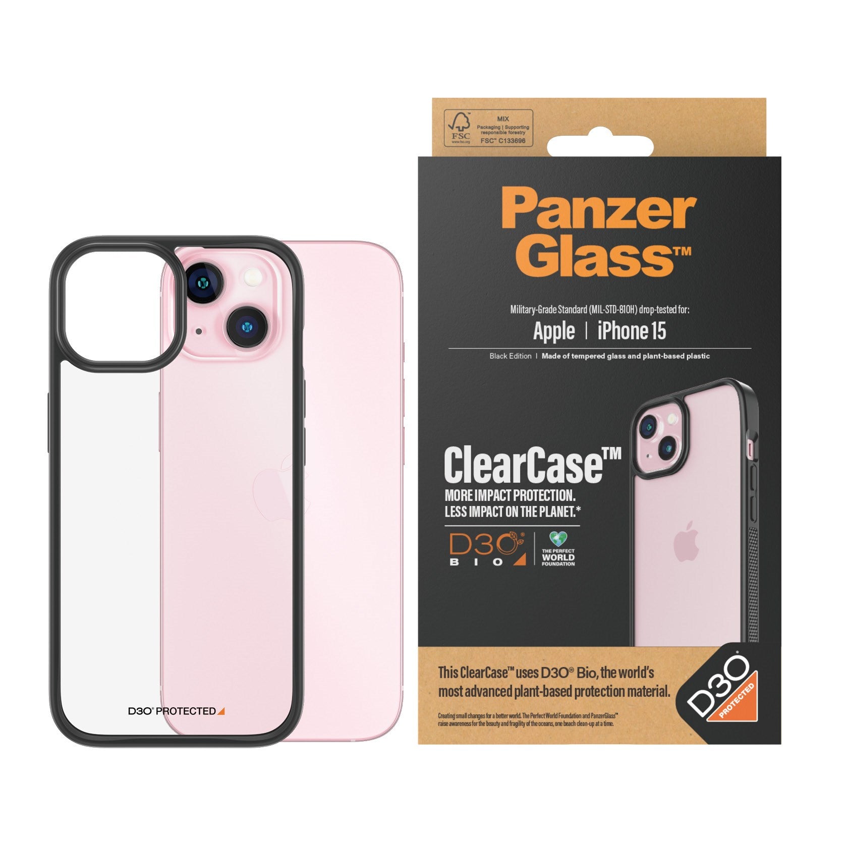 PanzerGlass® ClearCase Transparent w. Black Frame & D3O® iPhone 15