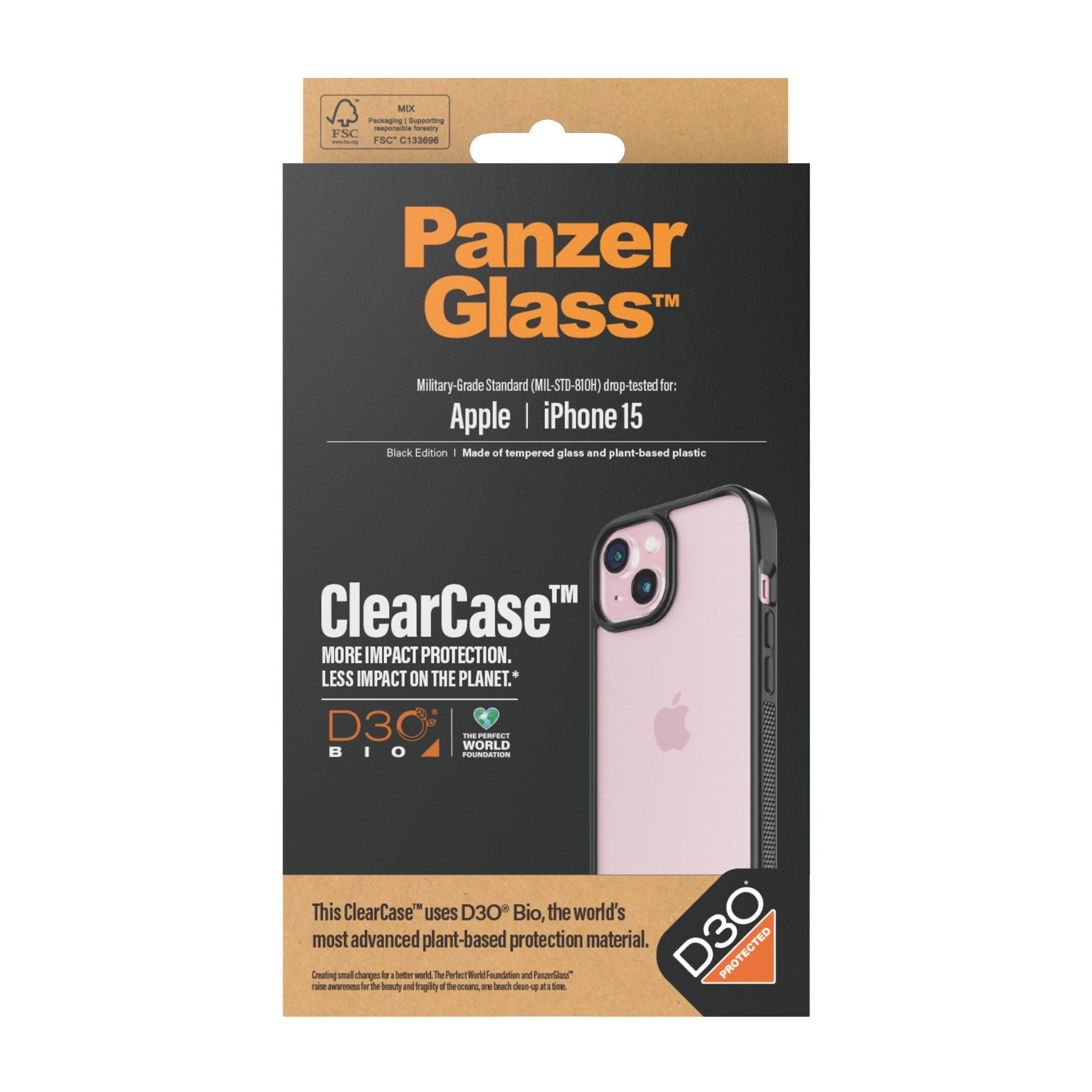 PanzerGlass® ClearCase Transparent w. Black Frame & D3O® iPhone 15