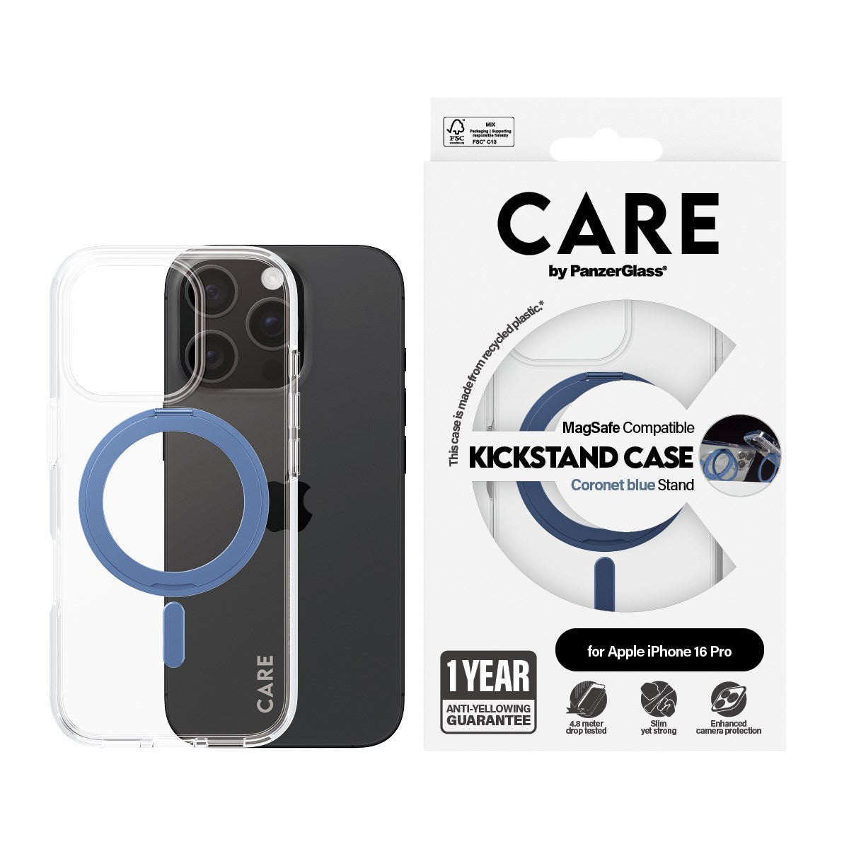 CARE by PanzerGlass® Feature Case Transparent w. Blue Kickstand & MagSafe iPhone 16 Pro