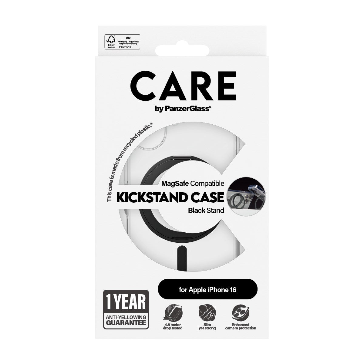 CARE by PanzerGlass® Feature Case Transparent w. Black Kickstand & MagSafe iPhone 16