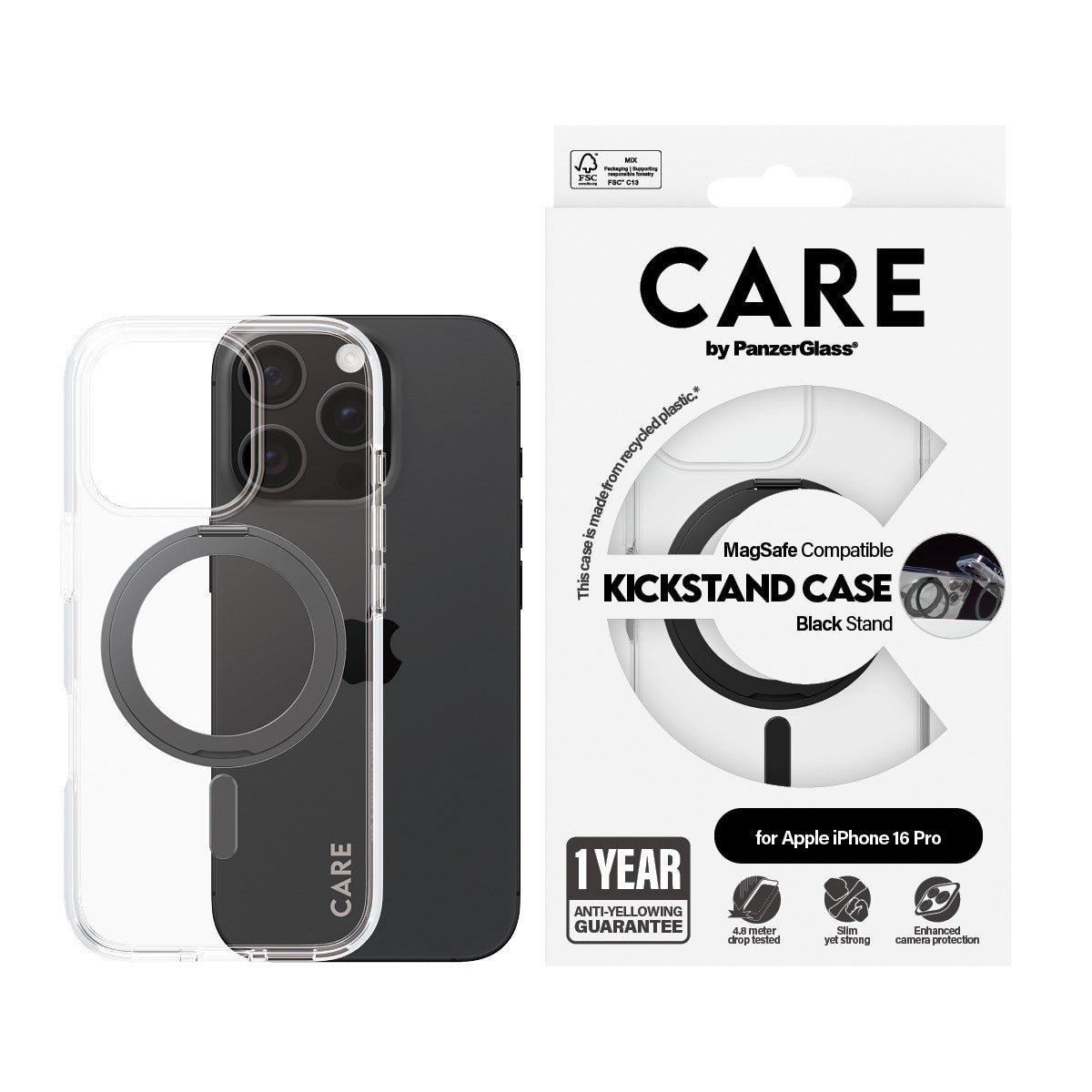 CARE by PanzerGlass® Feature Case Transparent w. Black Kickstand & MagSafe iPhone 16 Pro