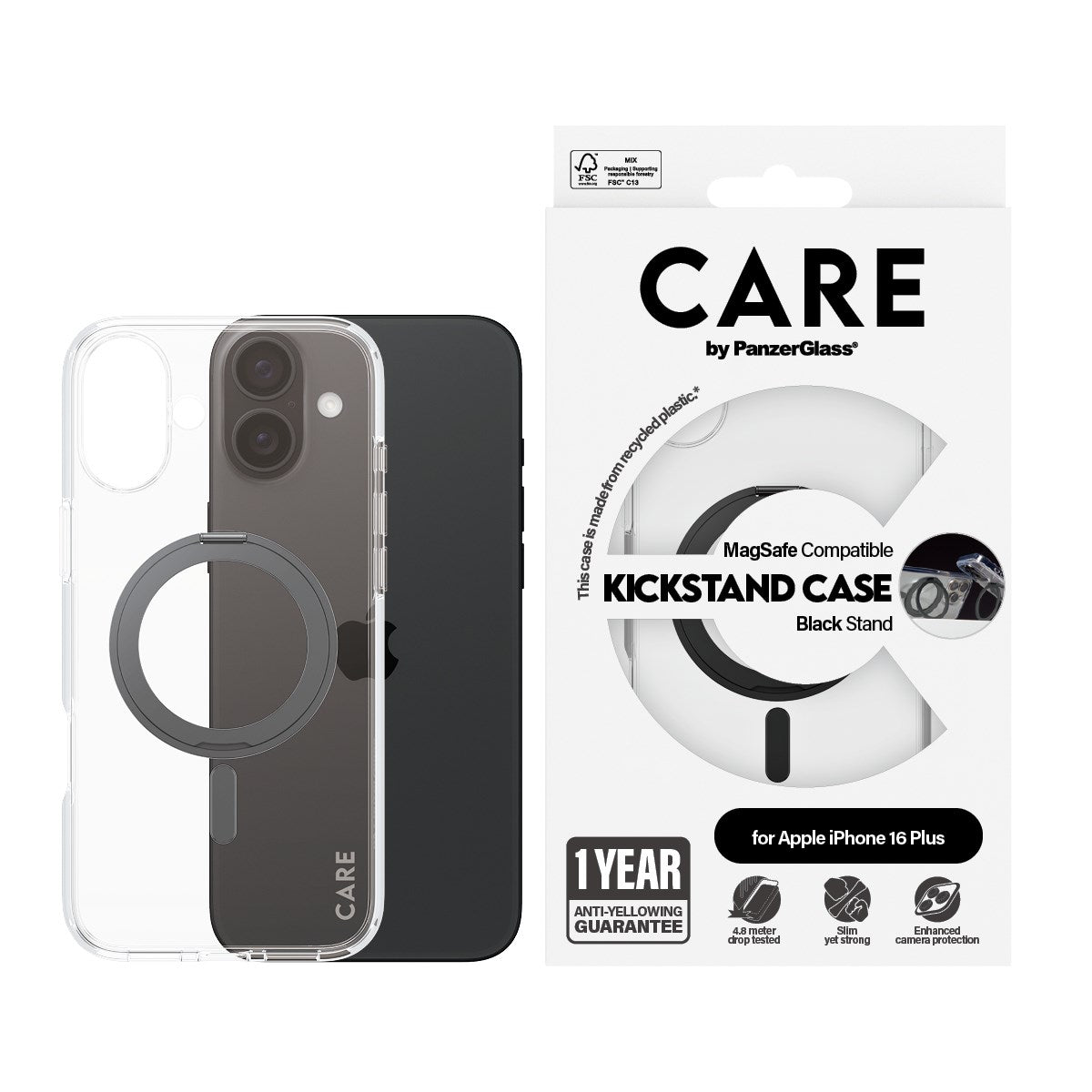 CARE by PanzerGlass® Feature Case Transparent w. Black Kickstand & MagSafe iPhone 16 Plus