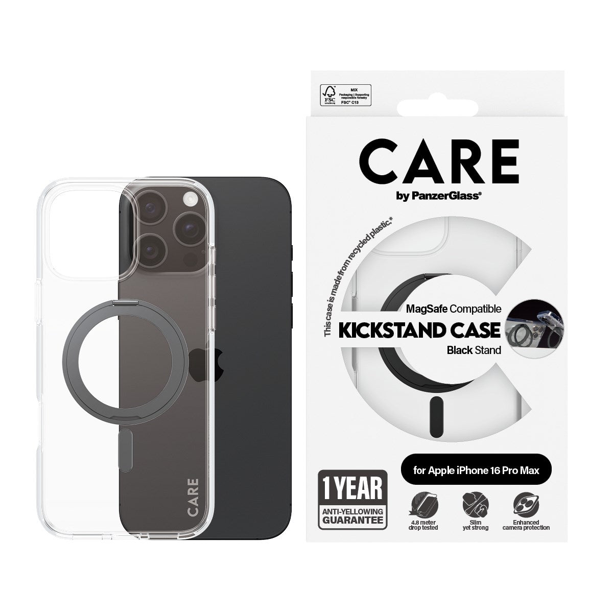 CARE by PanzerGlass® Feature Case Transparent w. Black Kickstand & MagSafe iPhone 16 Pro Max