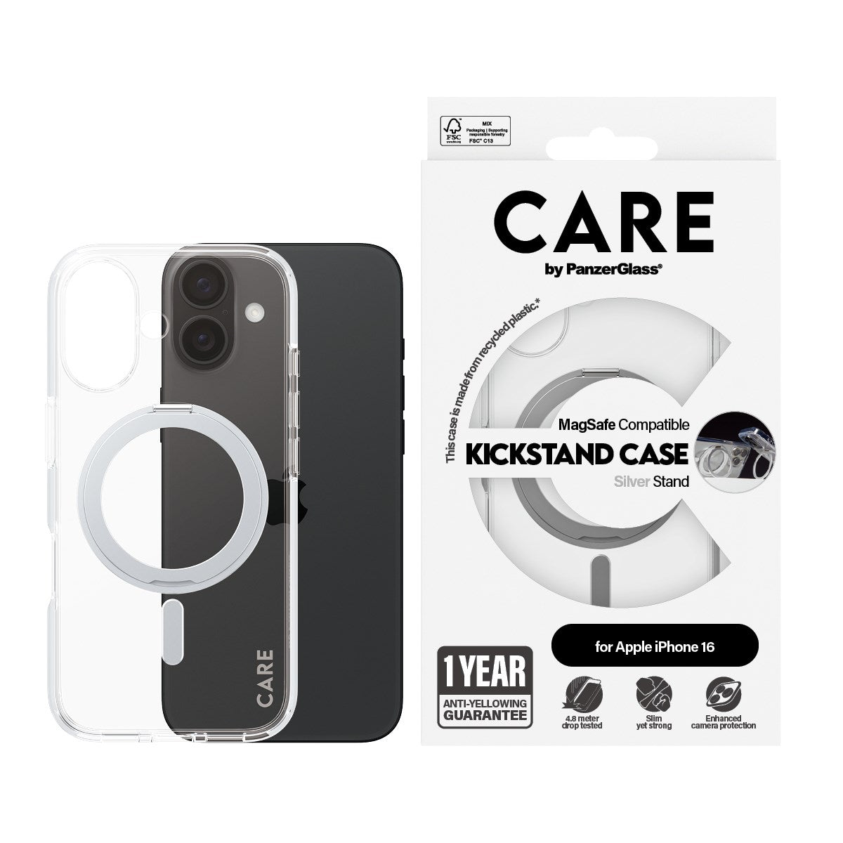 CARE by PanzerGlass® Feature Case Transparent w. Silver Kickstand & MagSafe iPhone 16