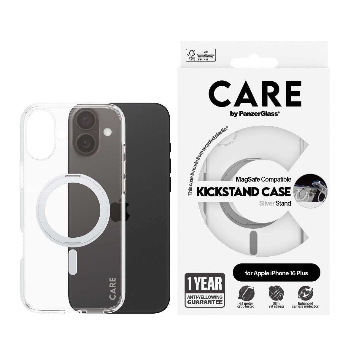 CARE by PanzerGlass® Feature Case Transparent w. Silver Kickstand & MagSafe iPhone 16 Plus