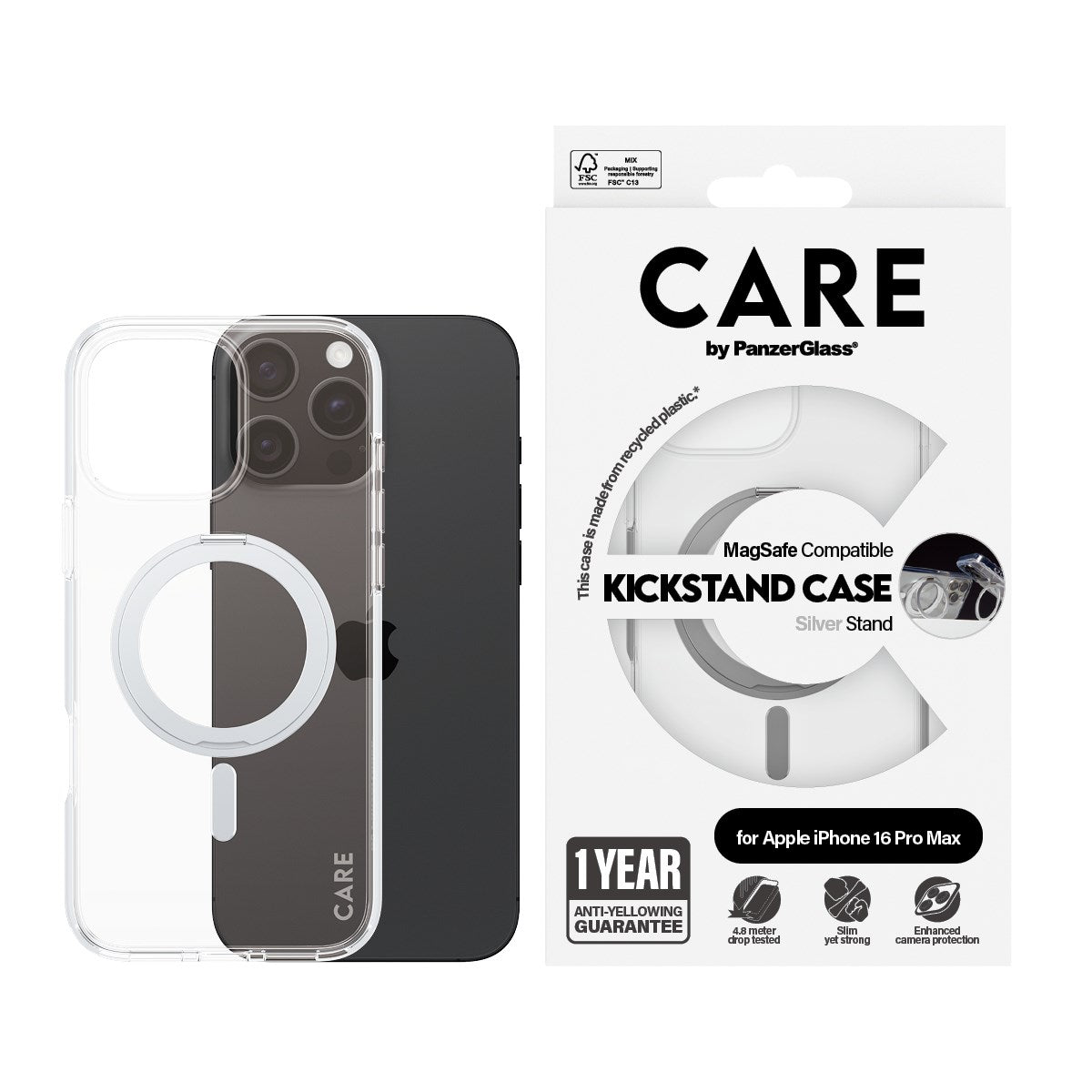 CARE by PanzerGlass® Feature Case Transparent w. Silver Kickstand & MagSafe iPhone 16 Pro Max