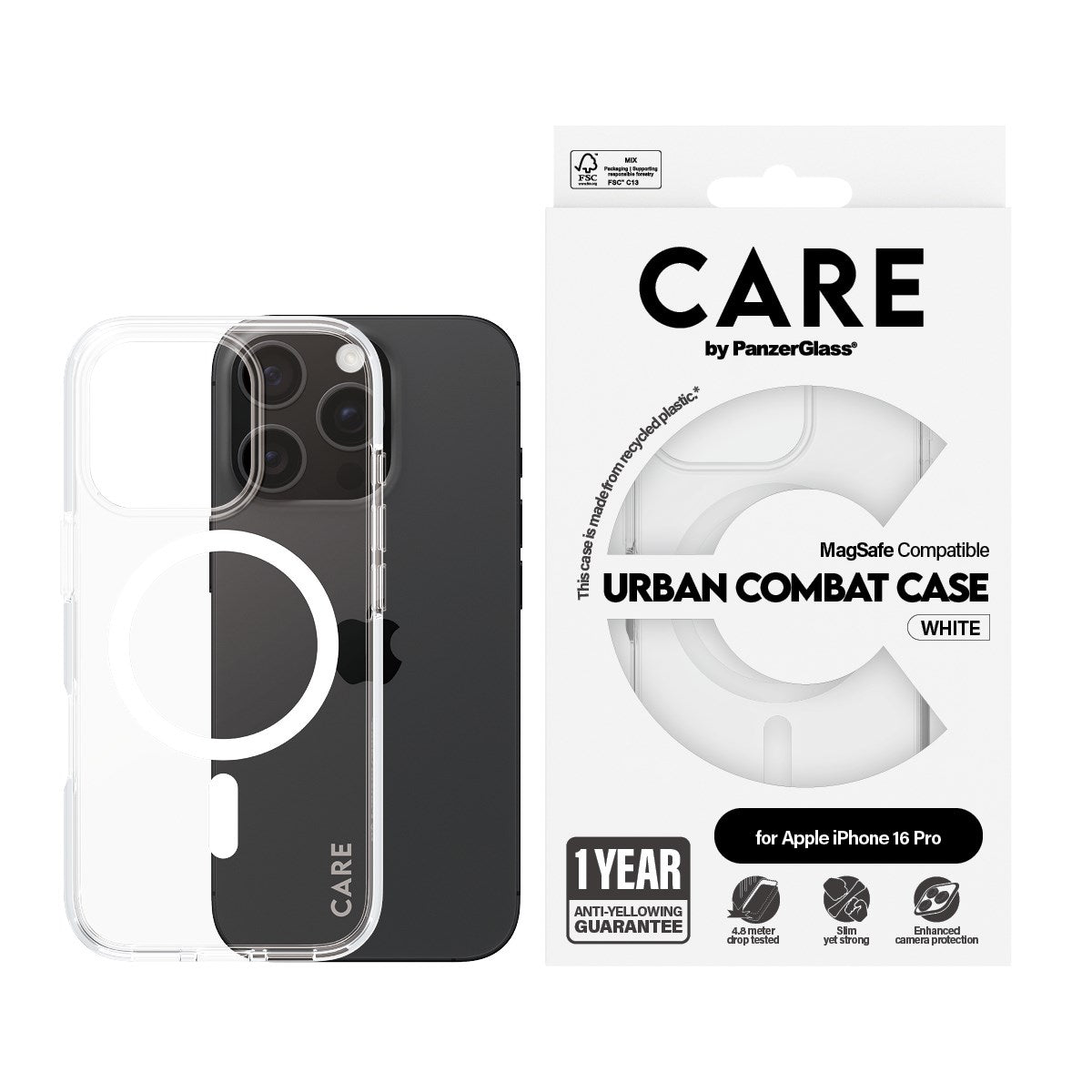 CARE by PanzerGlass® Flagship Case Transparent Urban Combat w. White MagSafe iPhone 16 Pro