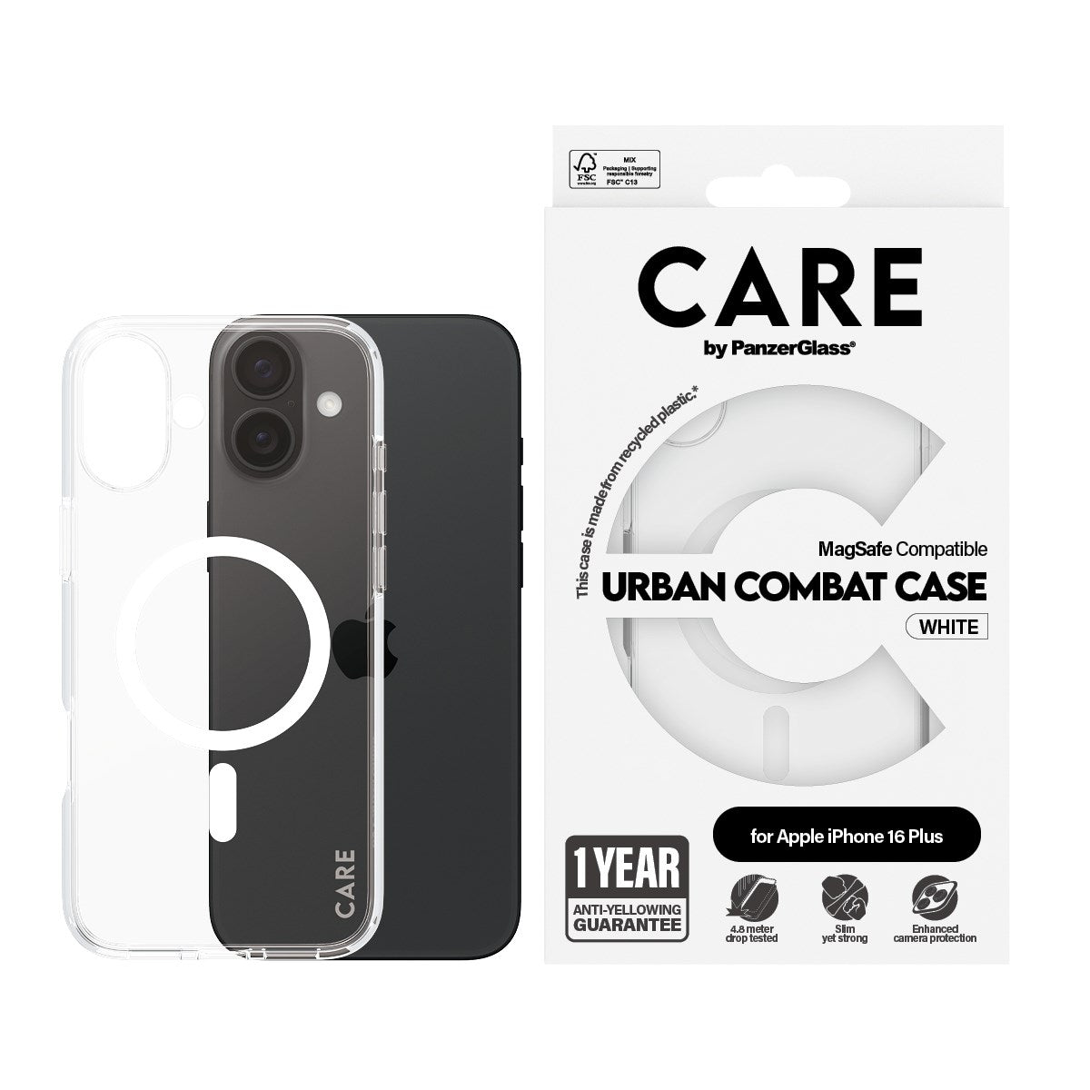 CARE by PanzerGlass® Flagship Case Transparent Urban Combat w. White MagSafe iPhone 16 Plus