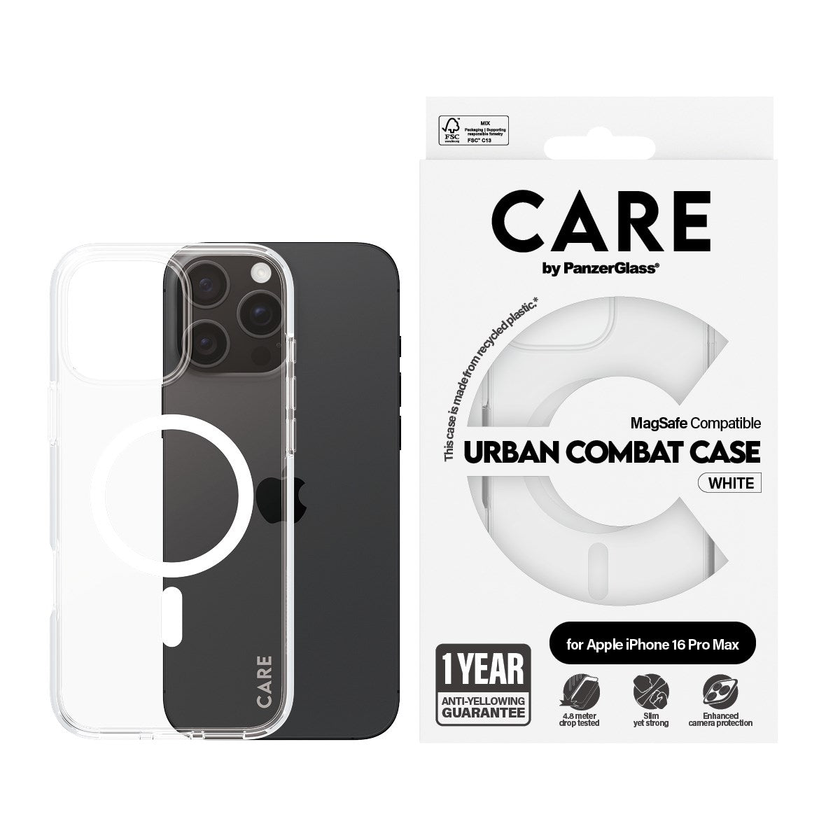 CARE by PanzerGlass® Flagship Case Transparent Urban Combat w. White MagSafe iPhone 16 Pro Max