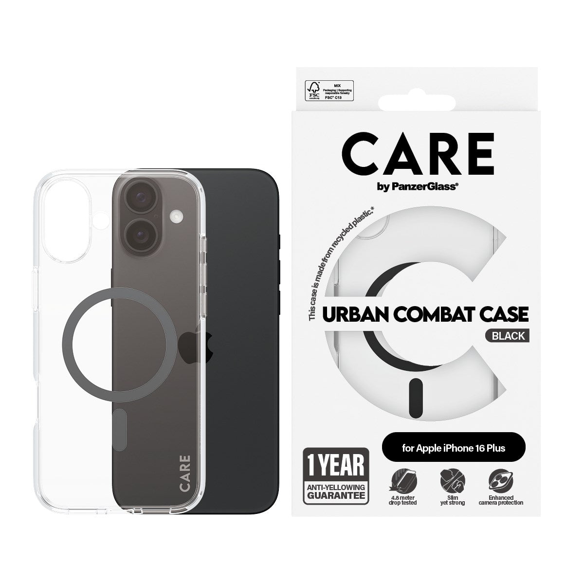 CARE by PanzerGlass® Flagship Case Transparent Urban Combat w. Black MagSafe iPhone 16 Plus