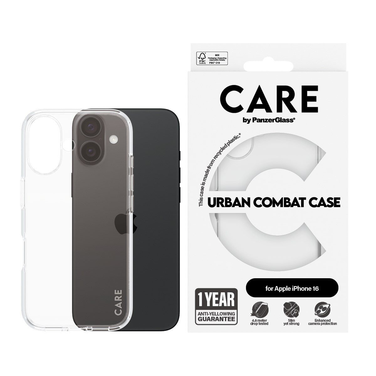 CARE by PanzerGlass® Flagship Case Transparent Urban Combat w. Clear Frame iPhone 16