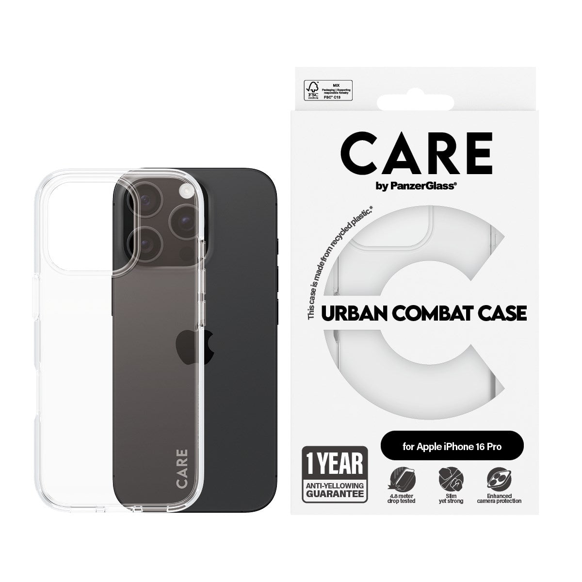 CARE by PanzerGlass® Flagship Case Transparent Urban Combat w. Clear Frame iPhone 16 Pro