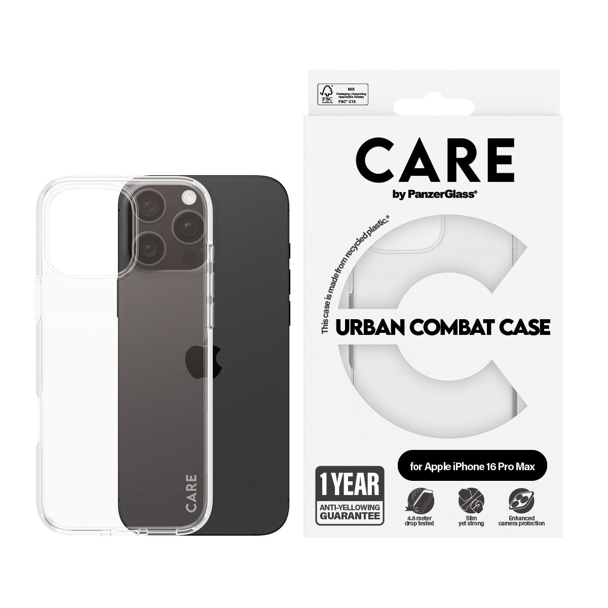 CARE by PanzerGlass® Flagship Case Transparent Urban Combat w. Clear Frame iPhone 16 Pro Max