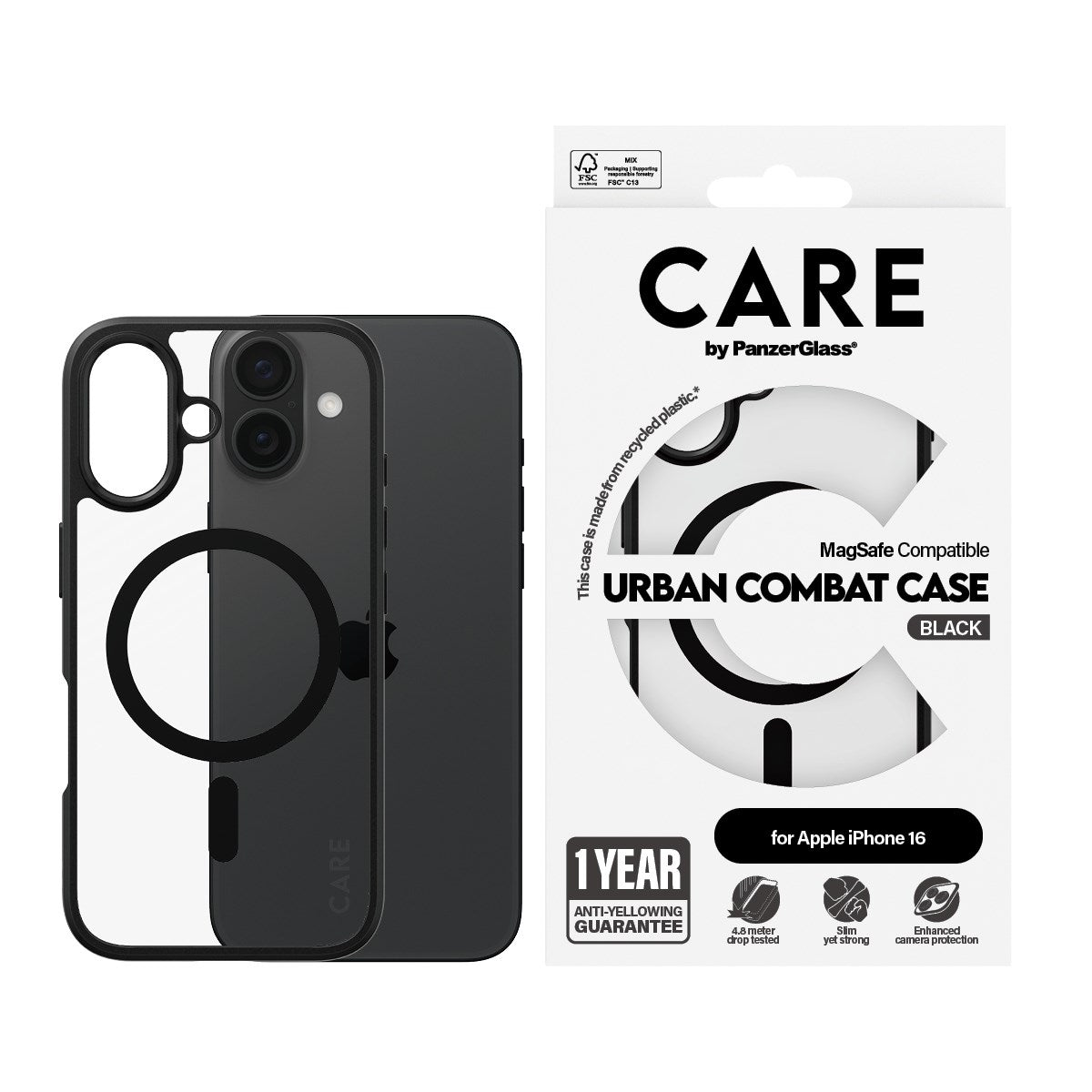 CARE by PanzerGlass® Flagship Case Transparent Urban Combat w. Black Frame & MagSafe iPhone 16