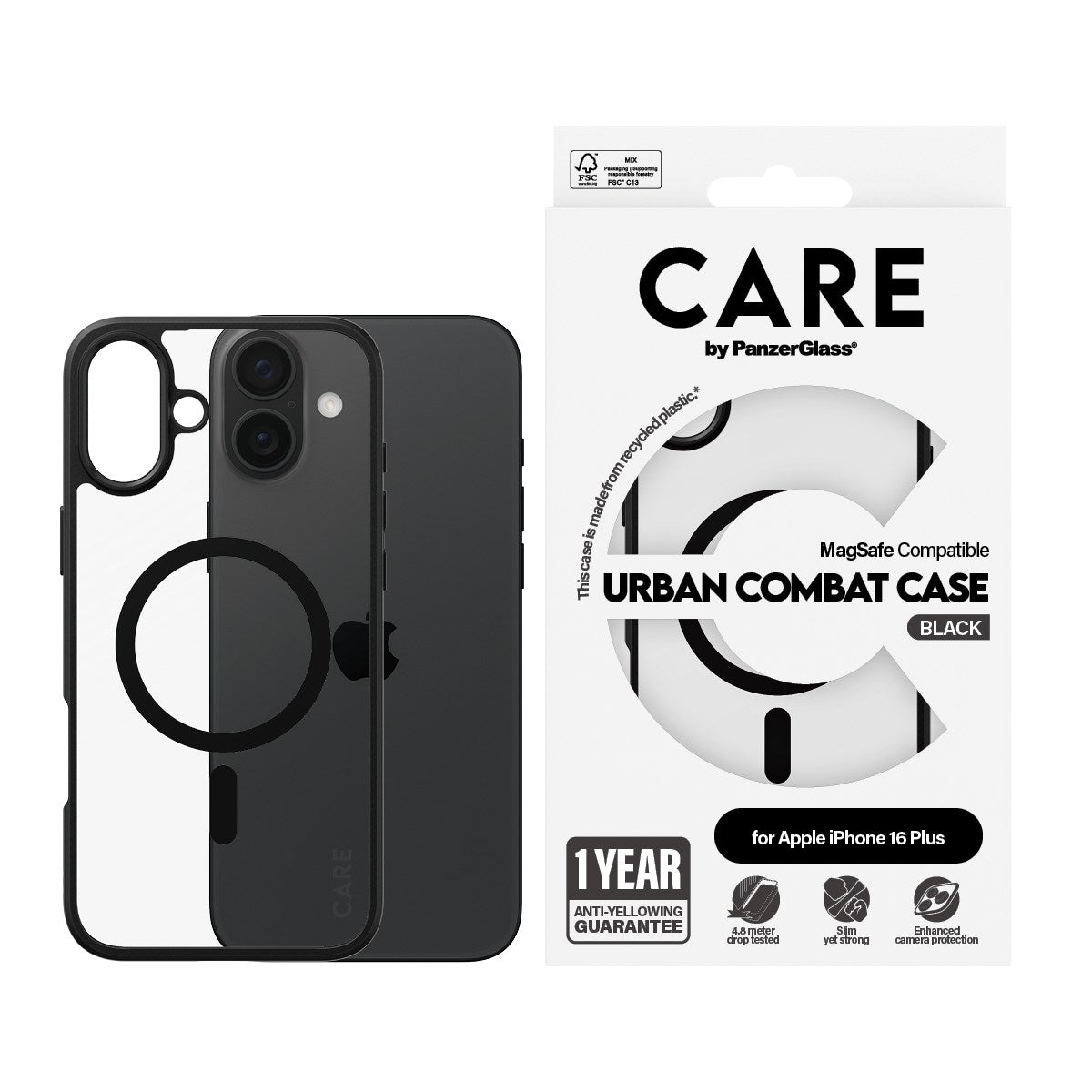 CARE by PanzerGlass® Flagship Case Transparent Urban Combat w. Black Frame & MagSafe iPhone 16 Plus