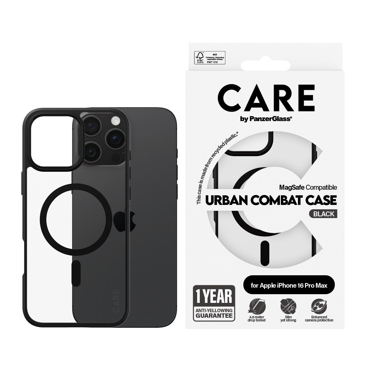 CARE by PanzerGlass® Flagship Case Transparent Urban Combat w. Black Frame & MagSafe iPhone 16 Pro Max