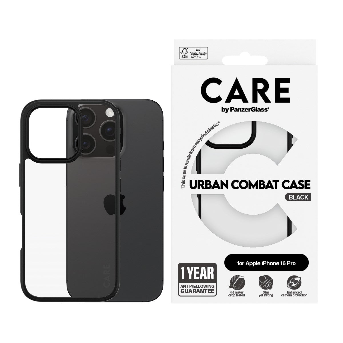 CARE by PanzerGlass® Flagship Case Transparent Urban Combat w. Black Frame iPhone 16 Pro