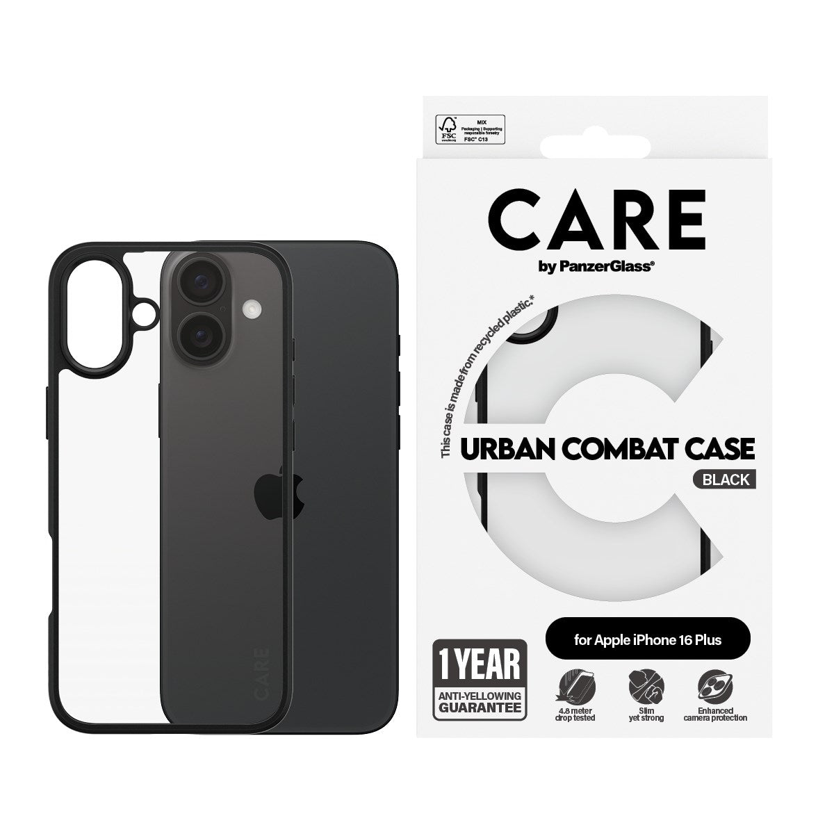 CARE by PanzerGlass® Flagship Case Transparent Urban Combat w. Black Frame iPhone 16 Plus
