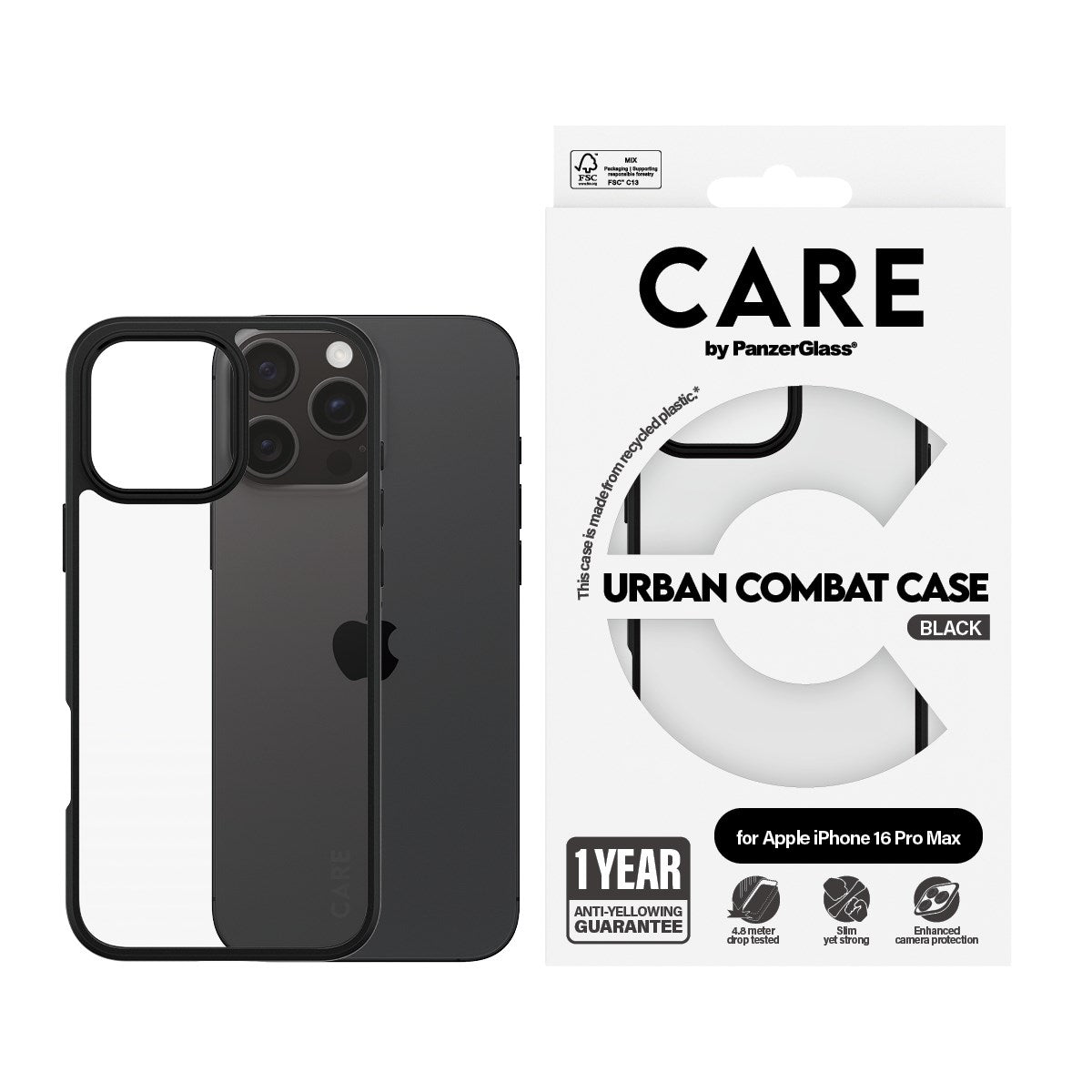 CARE by PanzerGlass® Flagship Case Transparent Urban Combat w. Black Frame iPhone 16 Pro Max