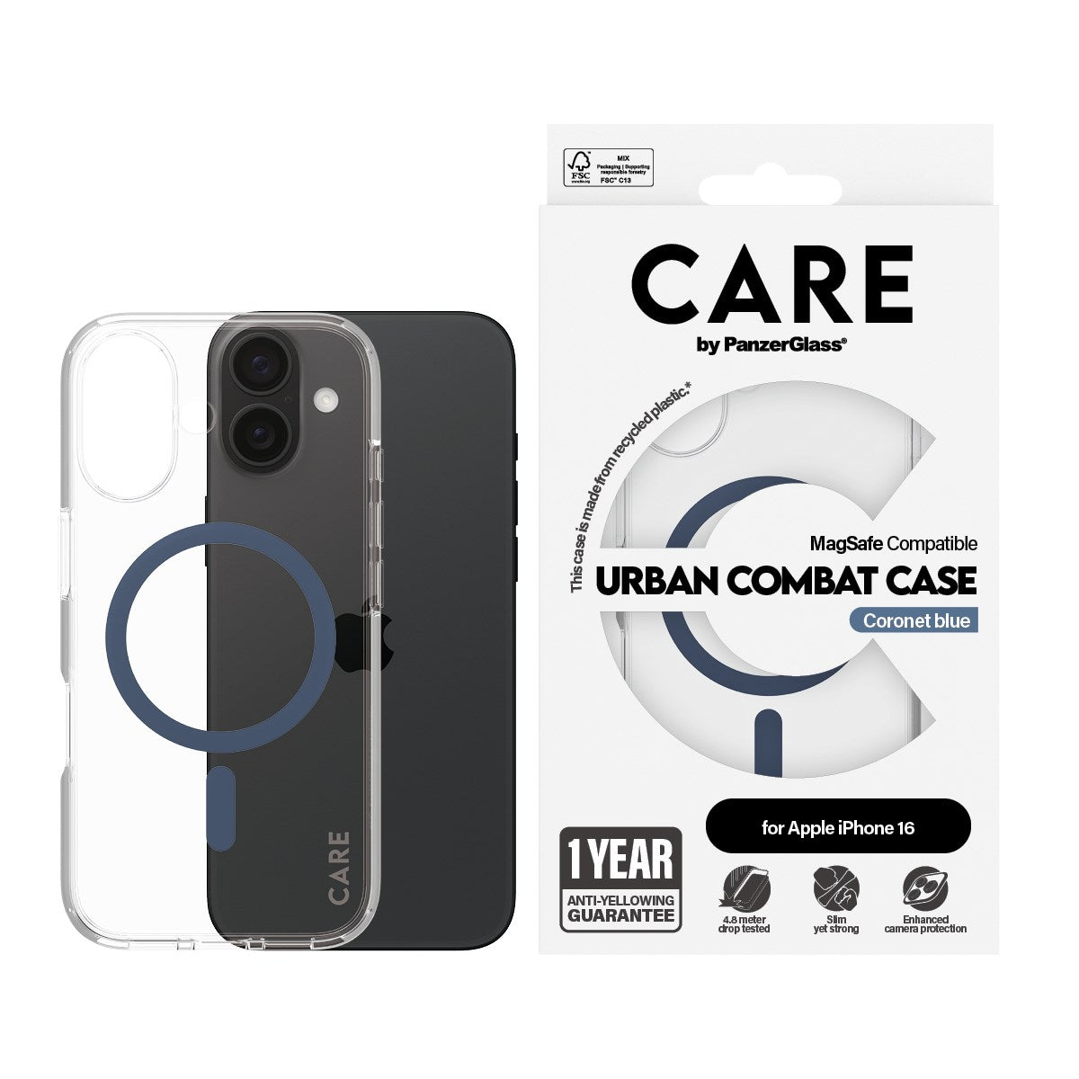 CARE by PanzerGlass® Flagship Case Transparent Urban Combat w. Blue MagSafe iPhone 16