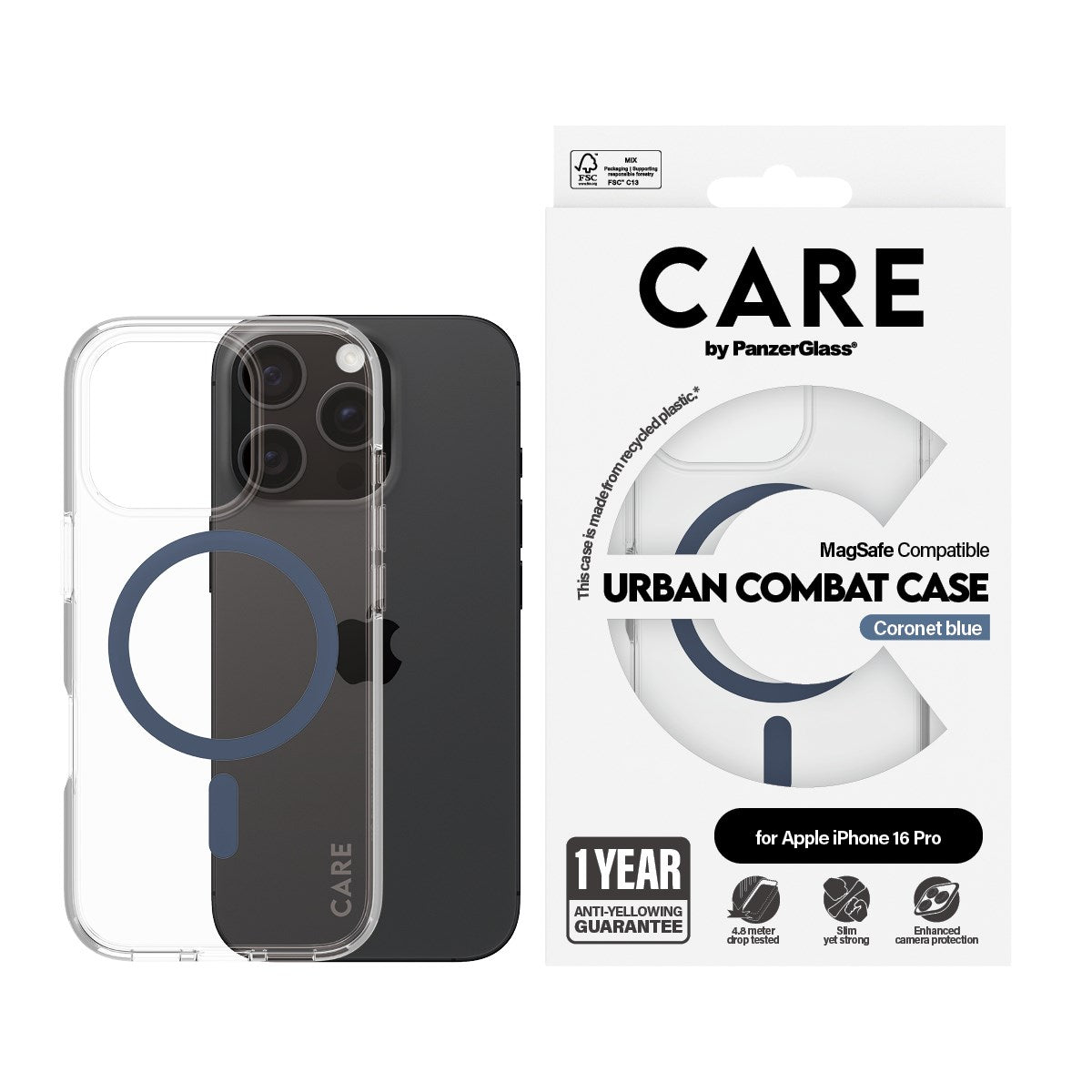 CARE by PanzerGlass® Flagship Case Transparent Urban Combat w. Blue MagSafe iPhone 16 Pro