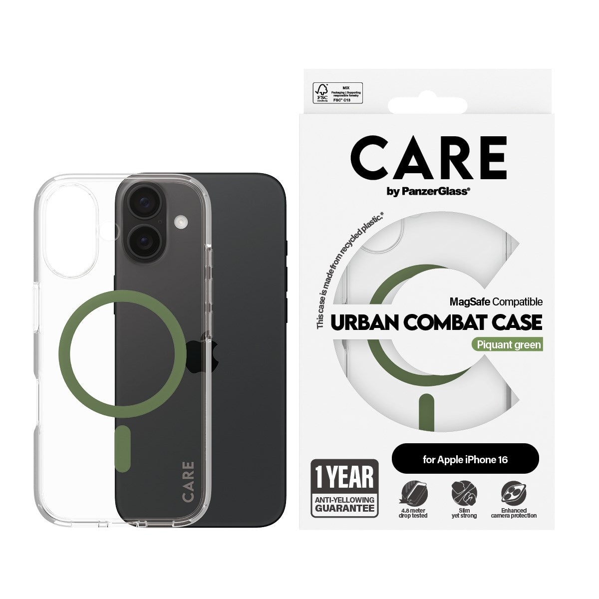 CARE by PanzerGlass® Flagship Case Transparent Urban Combat w. Green MagSafe iPhone 16