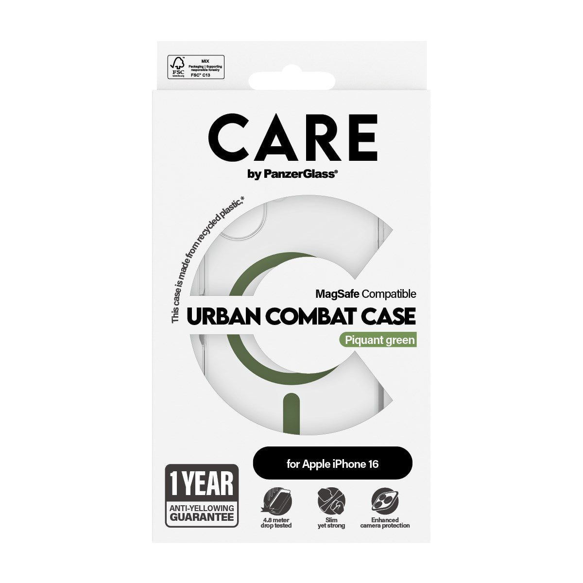 CARE by PanzerGlass® Flagship Case Transparent Urban Combat w. Green MagSafe iPhone 16