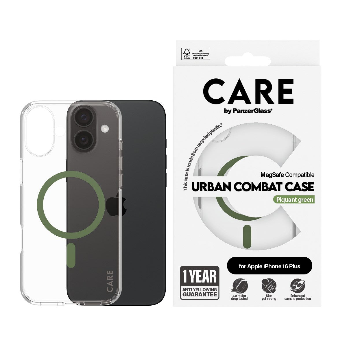 CARE by PanzerGlass® Flagship Case Transparent Urban Combat w. Green MagSafe iPhone 16 Plus