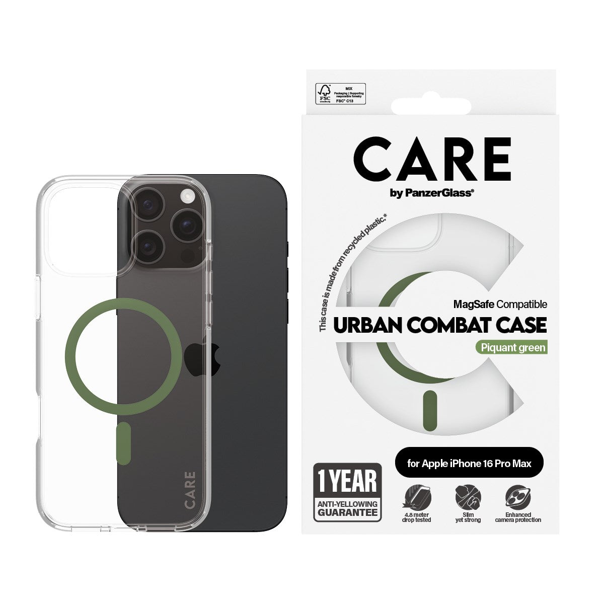 CARE by PanzerGlass® Flagship Case Transparent Urban Combat w. Green MagSafe iPhone 16 Pro Max