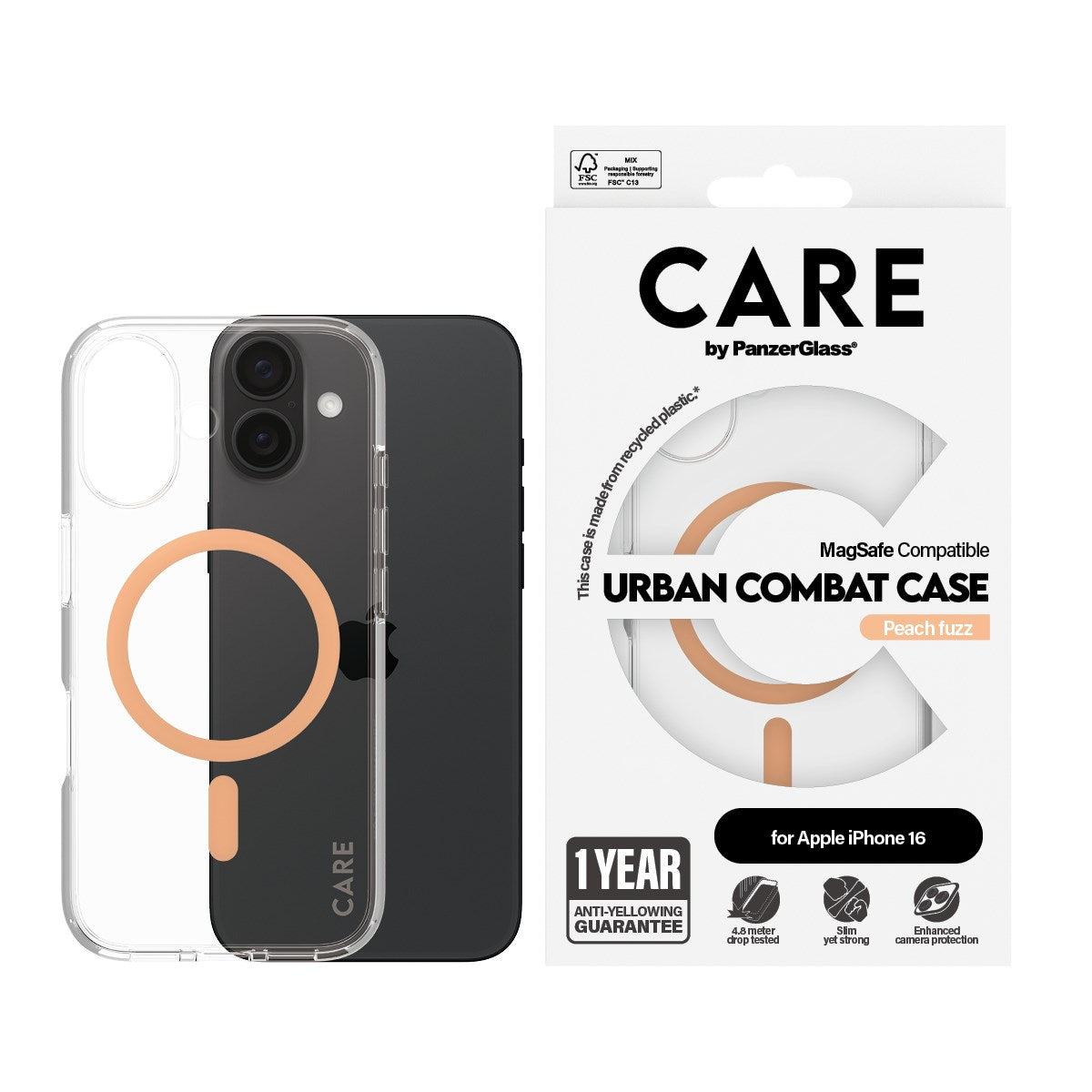 CARE by PanzerGlass® Flagship Case Transparent Urban Combat w. Peachy MagSafe iPhone 16