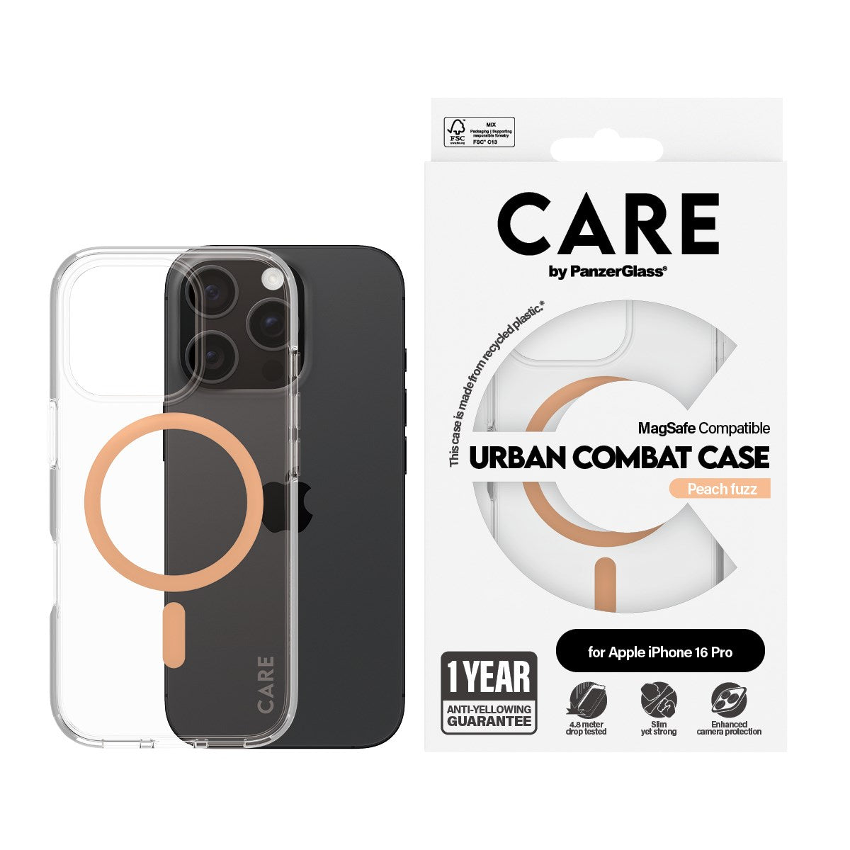 CARE by PanzerGlass® Flagship Case Transparent Urban Combat w. Peachy MagSafe iPhone 16 Pro