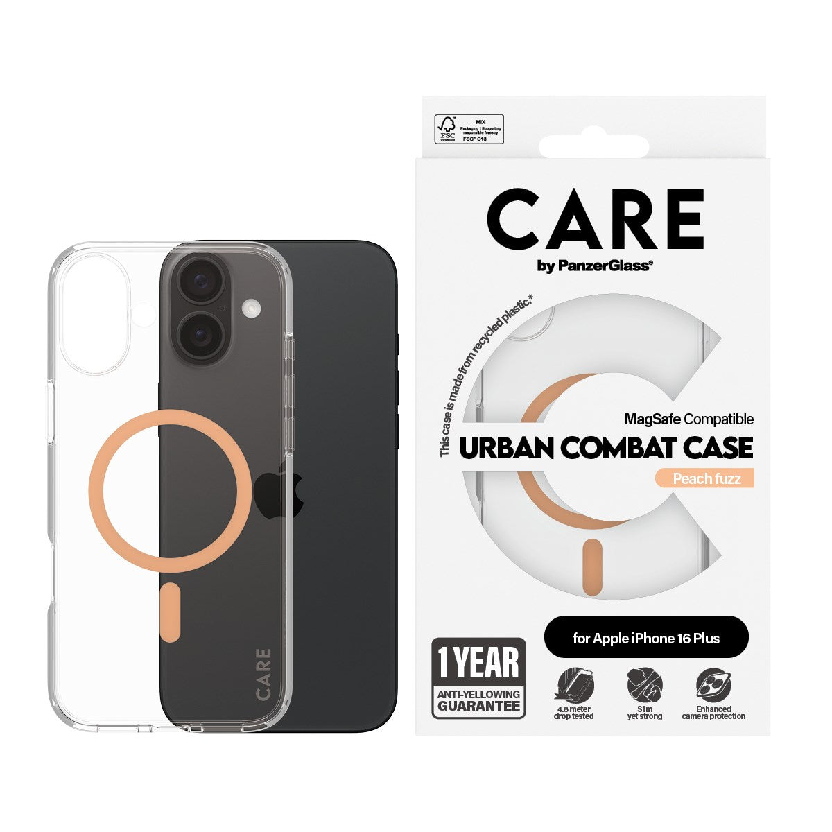 CARE by PanzerGlass® Flagship Case Transparent Urban Combat w. Peachy MagSafe iPhone 16 Plus
