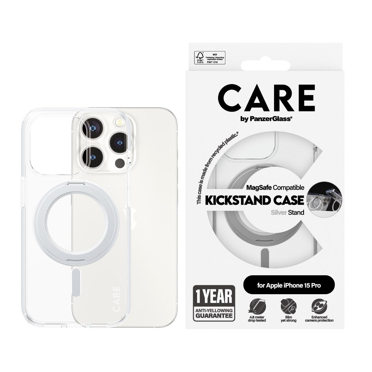 CARE by PanzerGlass® Feature Case Transparent w. Silver Kickstand & MagSafe iPhone 15 Pro