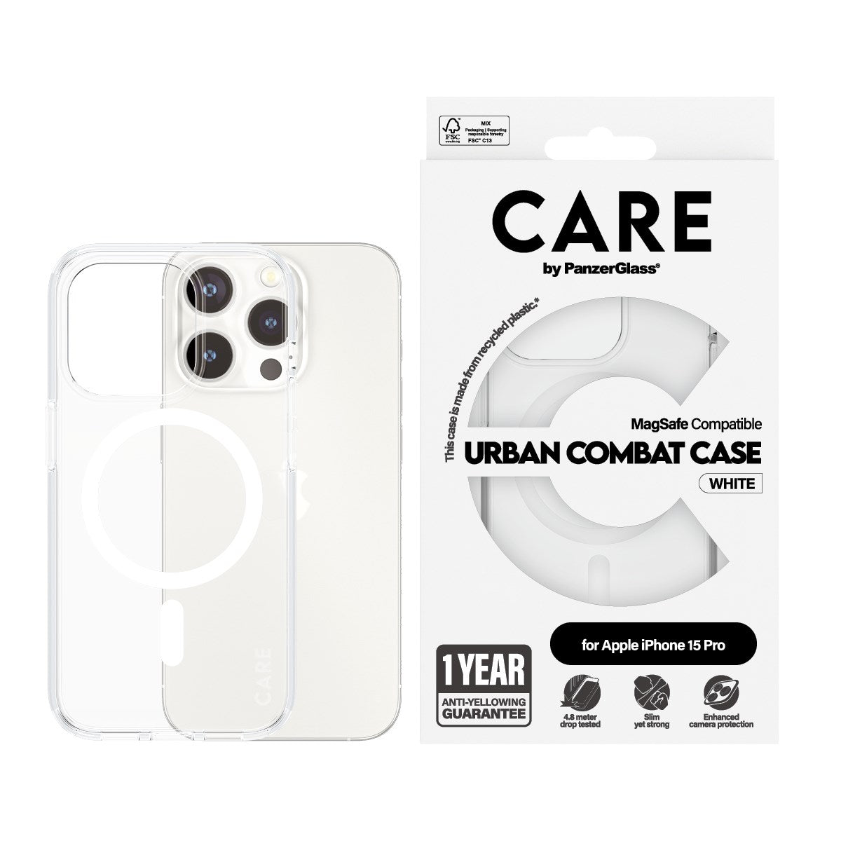 CARE by PanzerGlass® Flagship Case Transparent Urban Combat w. White MagSafe iPhone 15 Pro