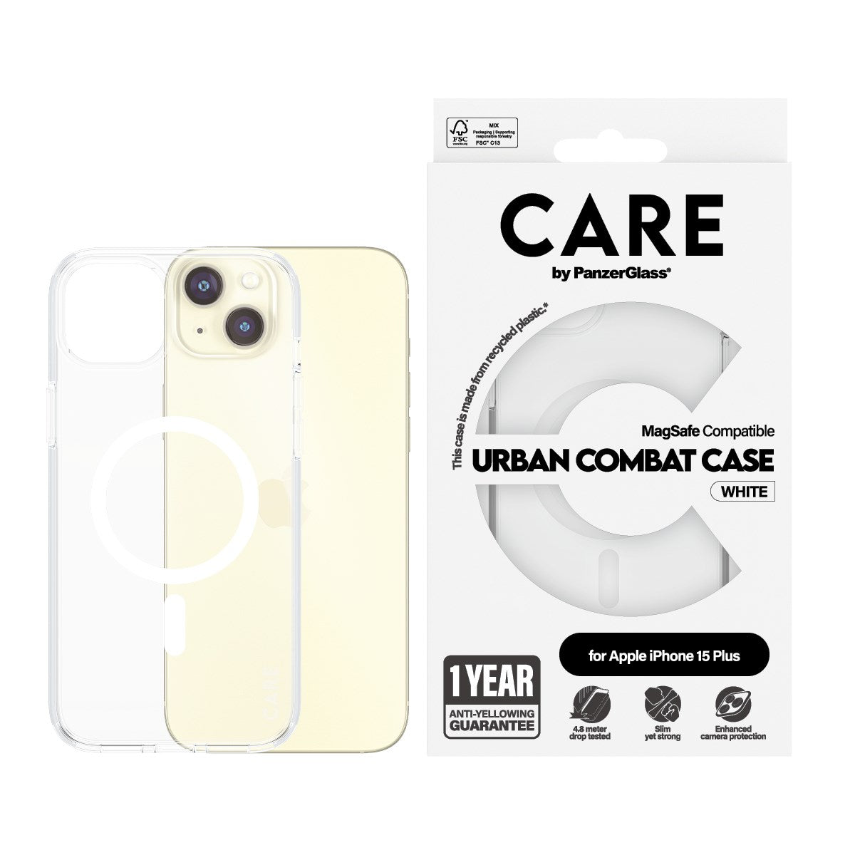 CARE by PanzerGlass® Flagship Case Transparent Urban Combat w. White MagSafe iPhone 15 Plus
