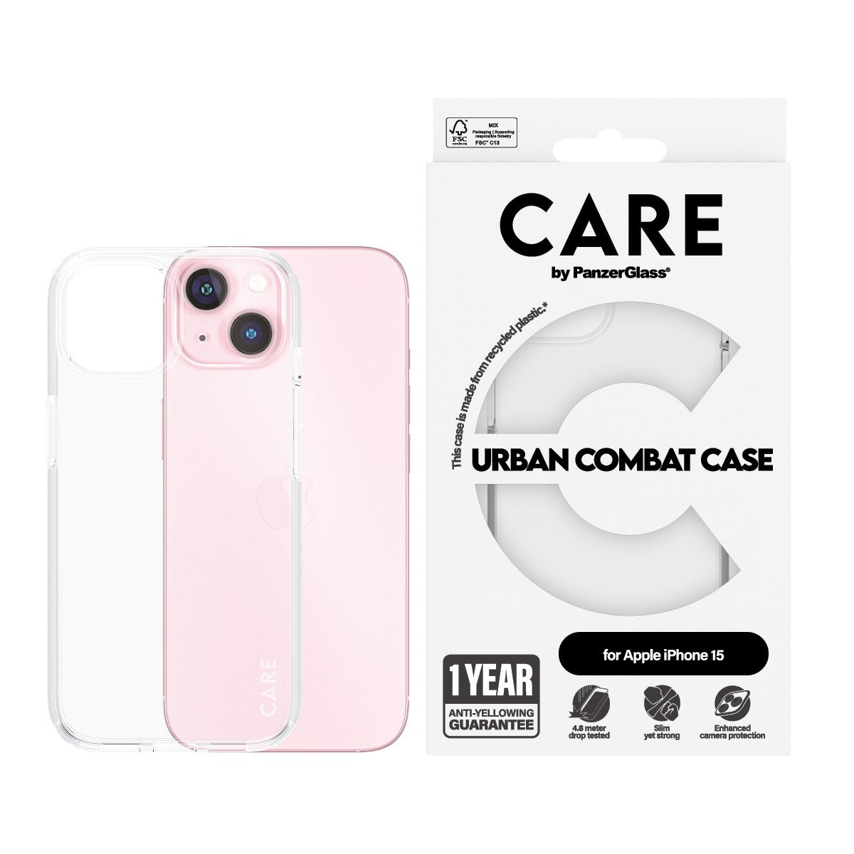 CARE by PanzerGlass® Flagship Case Transparent Urban Combat w. Clear Frame iPhone 15