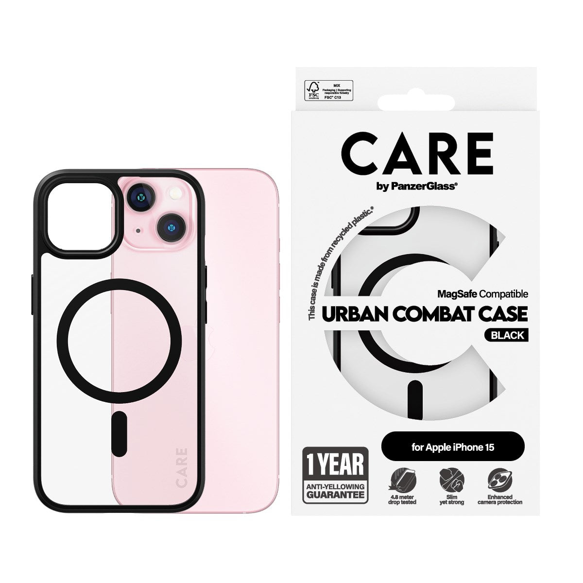 CARE by PanzerGlass® Flagship Case Transparent Urban Combat w. Black MagSafe iPhone 15