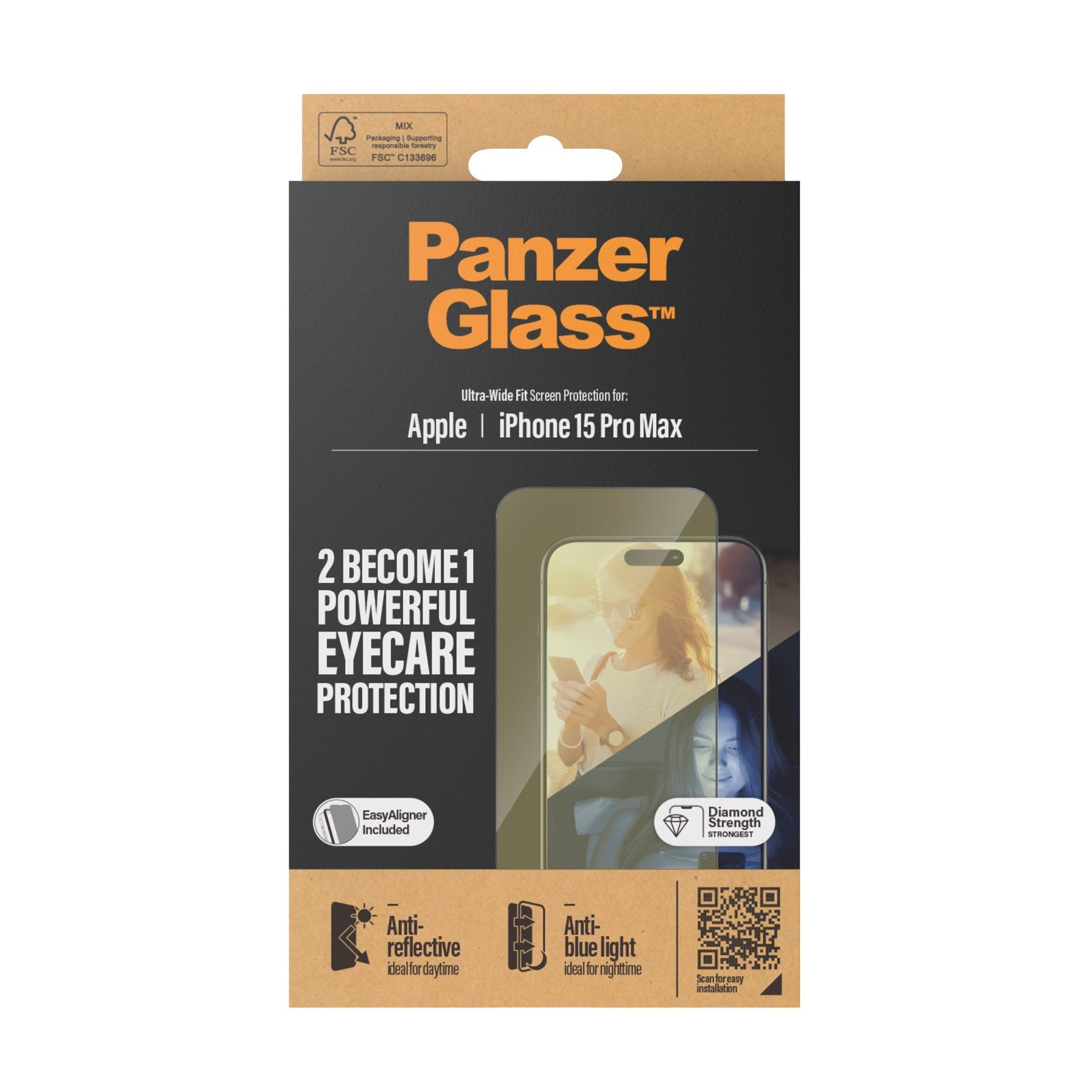 PanzerGlass® Eyecare Screen Protection iPhone 15 Pro Max | Ultra-Wide Fit w. EasyAligner