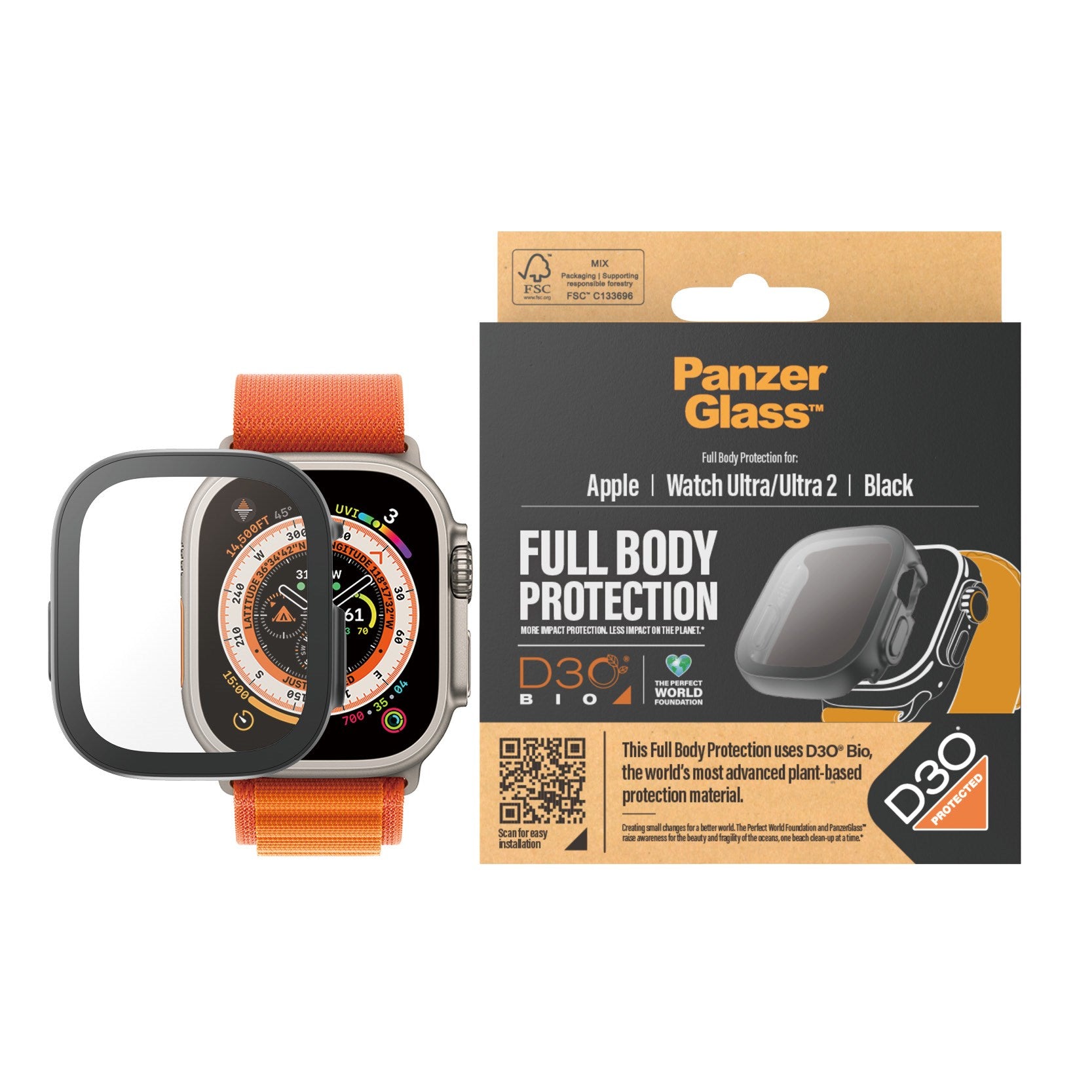 PanzerGlass® Screen Protector Full Body with D3O® Apple Watch Ultra | 49mm | Black